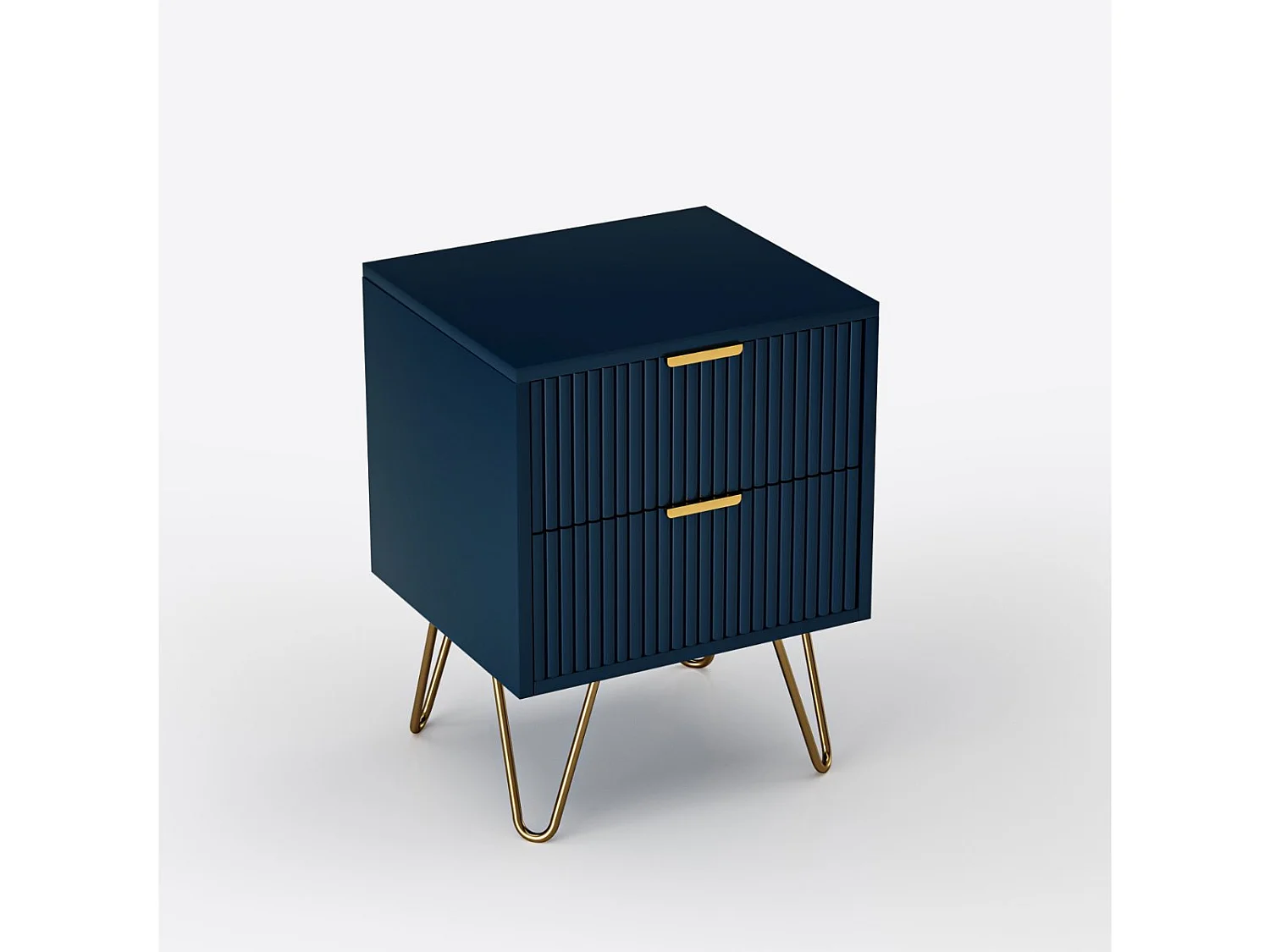 Table de chevet bleue 2 tiroirs effet rainuré avec pieds dorés, meuble de nuit moderne pour chambre et salon