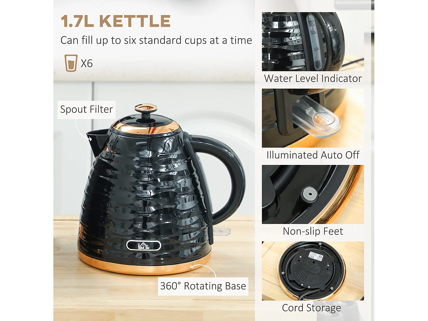 HOMCOM Kettle and Toaster Set 1.7L Rapid Boil Kettle & 2 Slice Toaster Black