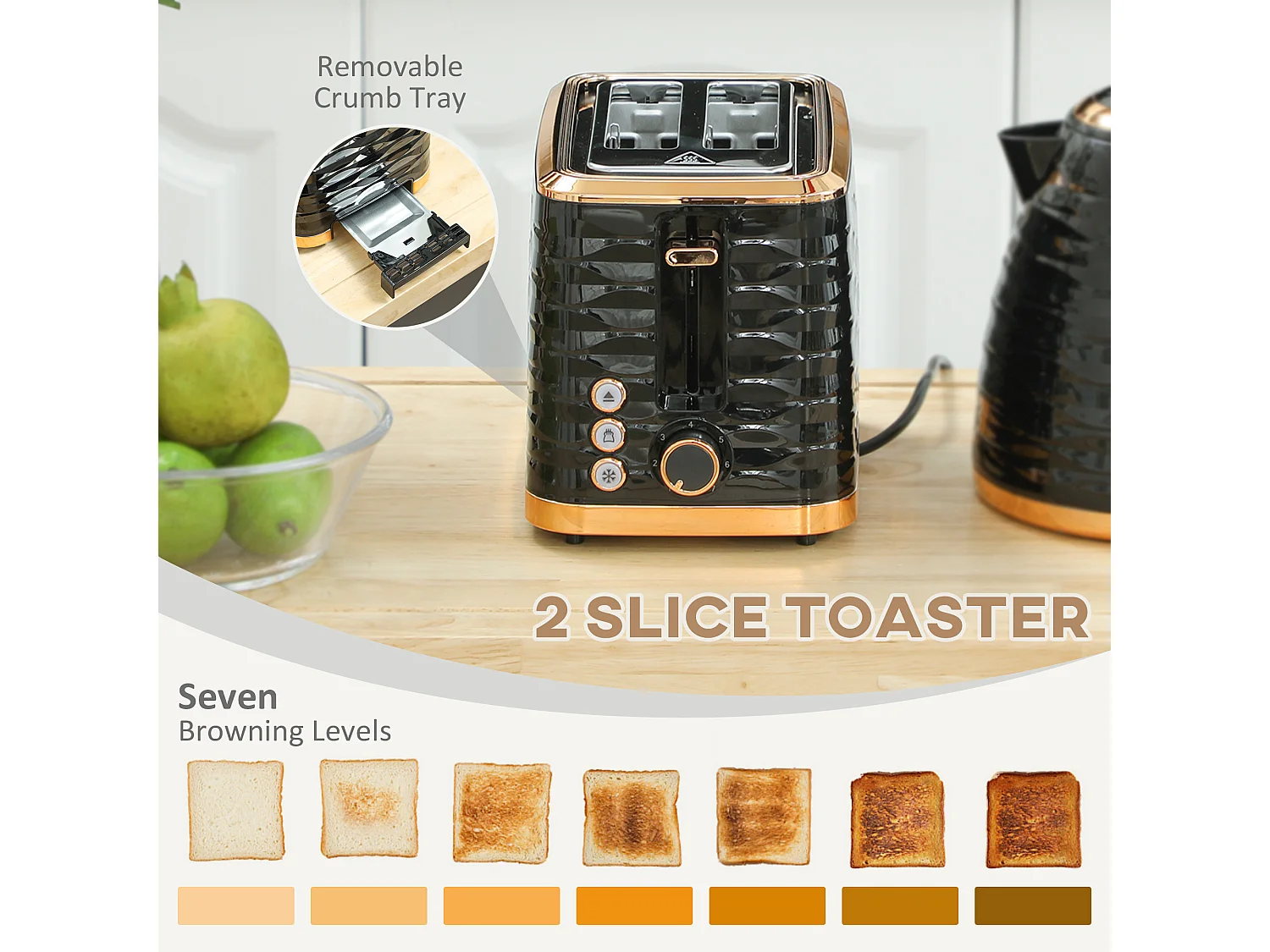 HOMCOM Kettle and Toaster Set 1.7L Rapid Boil Kettle & 2 Slice Toaster Black