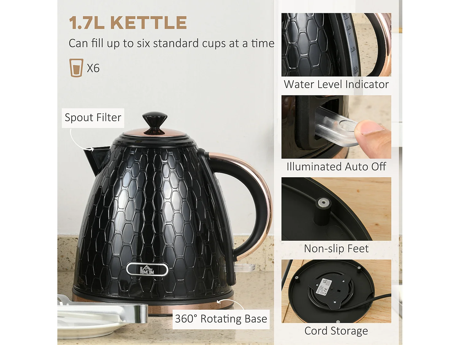 HOMCOM Kettle and Toaster Set 1.7L Kettle & 2 Slice Toaster Set Black