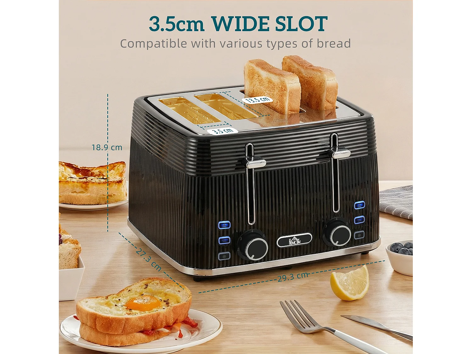 HOMCOM 4 Slice Electric Toaster with 7 Browning Levels, 1860W, Black