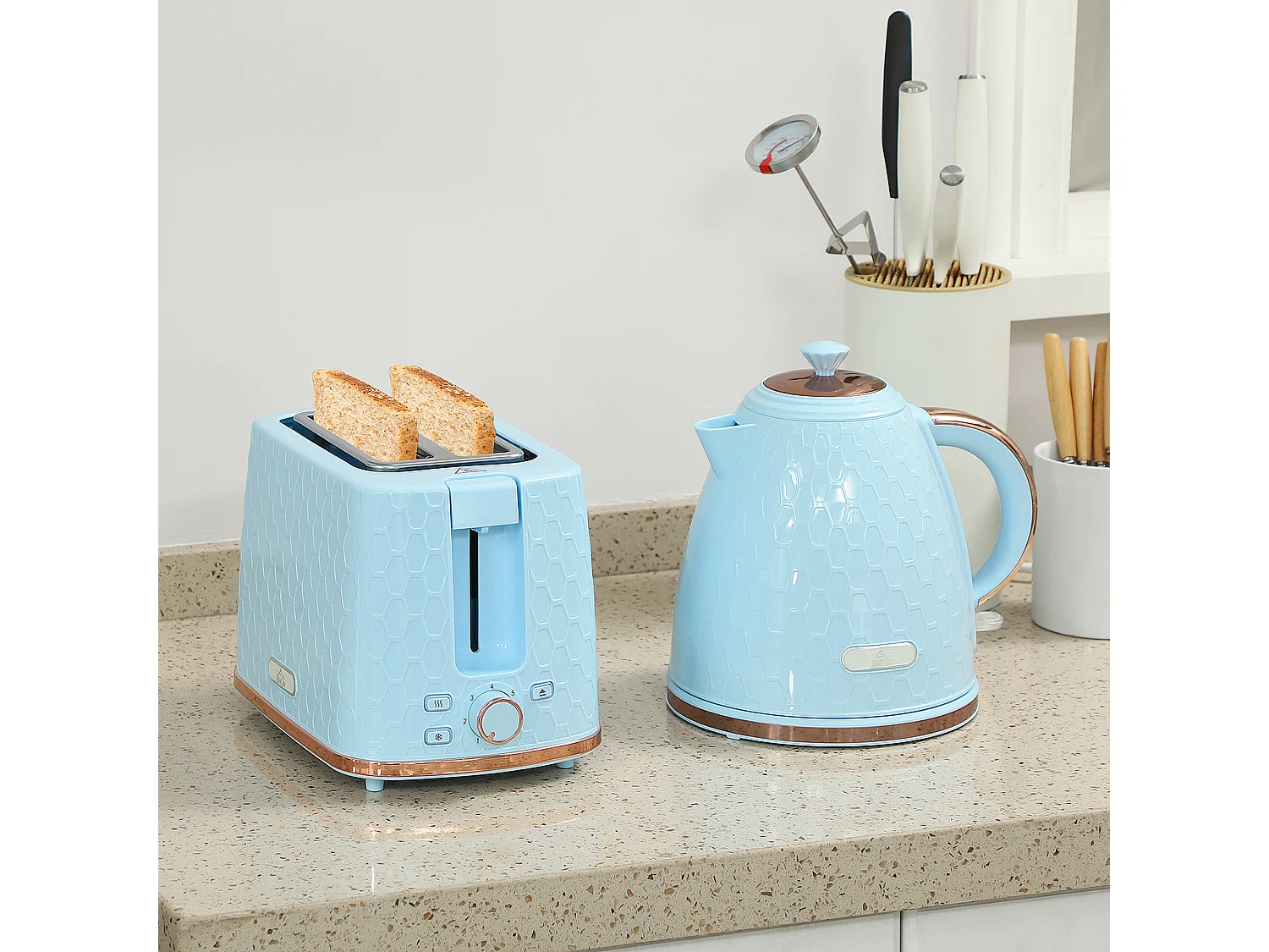 HOMCOM Kettle and Toaster Set 1.7L Kettle & 2 Slice Toaster Set, Light Blue