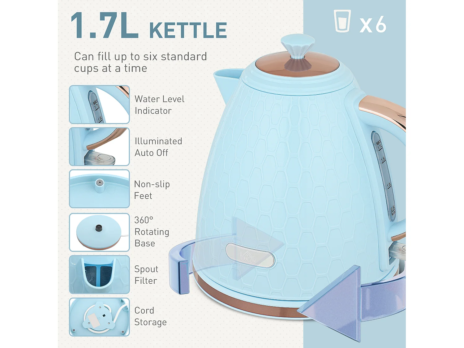 HOMCOM Kettle and Toaster Set 1.7L Kettle & 2 Slice Toaster Set, Light Blue