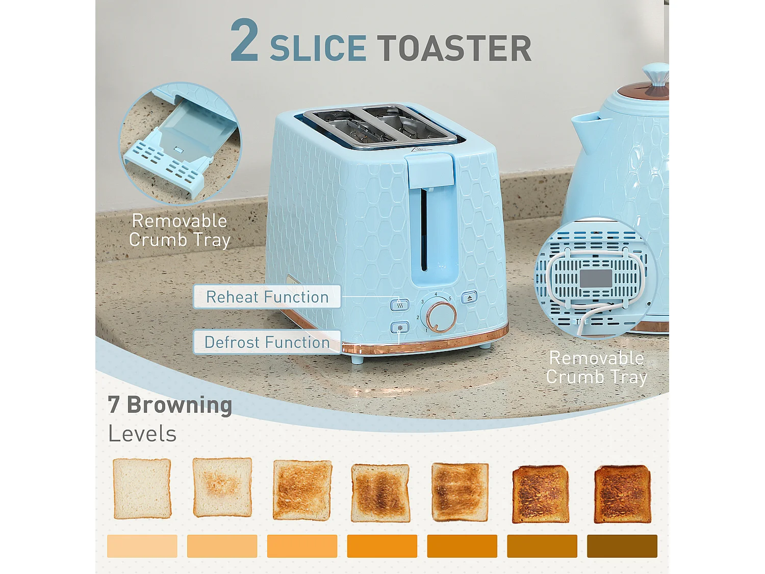 HOMCOM Kettle and Toaster Set 1.7L Kettle & 2 Slice Toaster Set, Light Blue