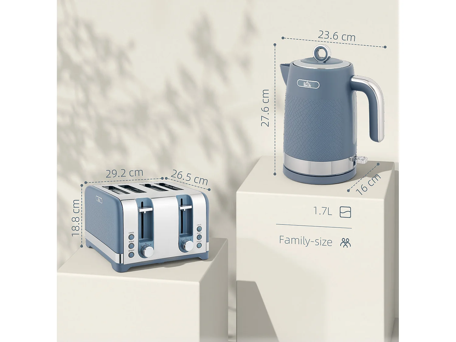 HOMCOM Kettle and Toaster Set with 3000W Rapid Boil, 4 Slice Toaster, Blue