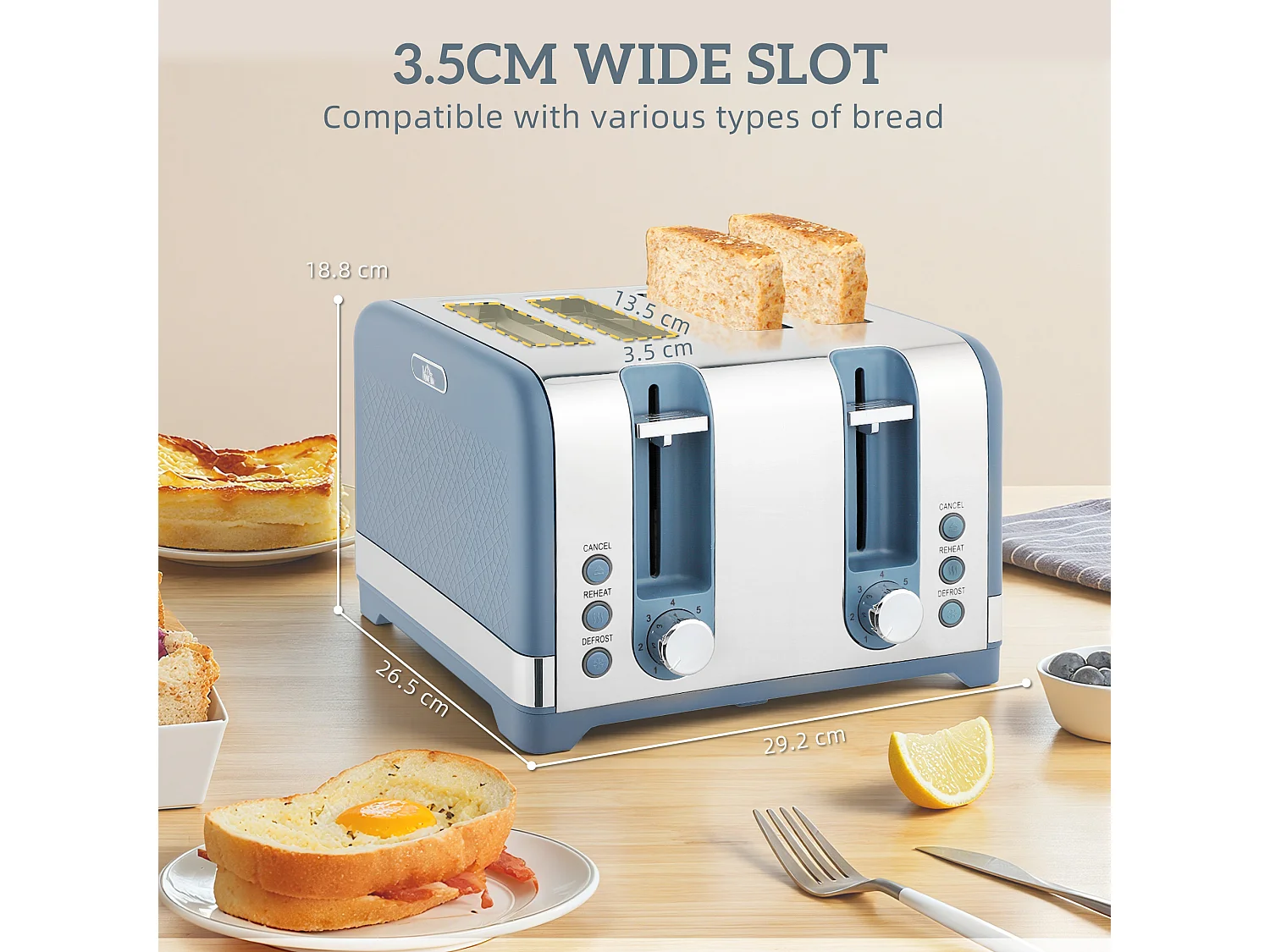 HOMCOM Kettle and Toaster Set with 3000W Rapid Boil, 4 Slice Toaster, Blue