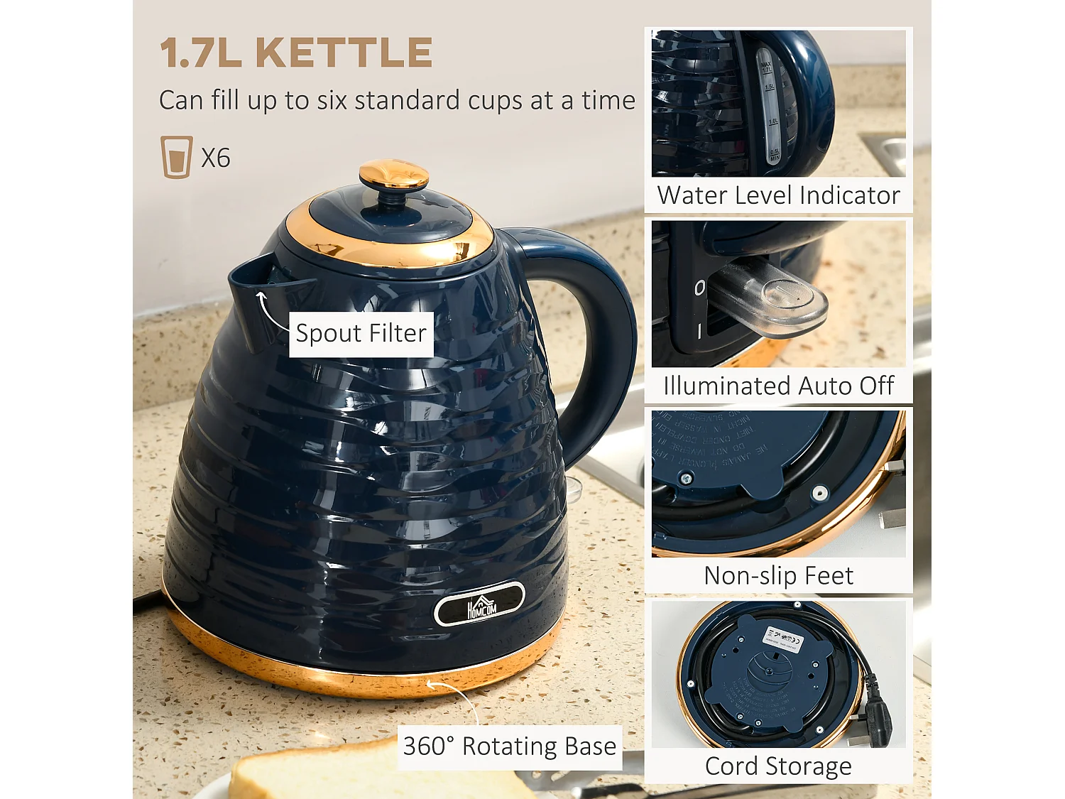 HOMCOM Kettle and Toaster Set 1.7L Rapid Boil Kettle & 4 Slice Toaster Blue