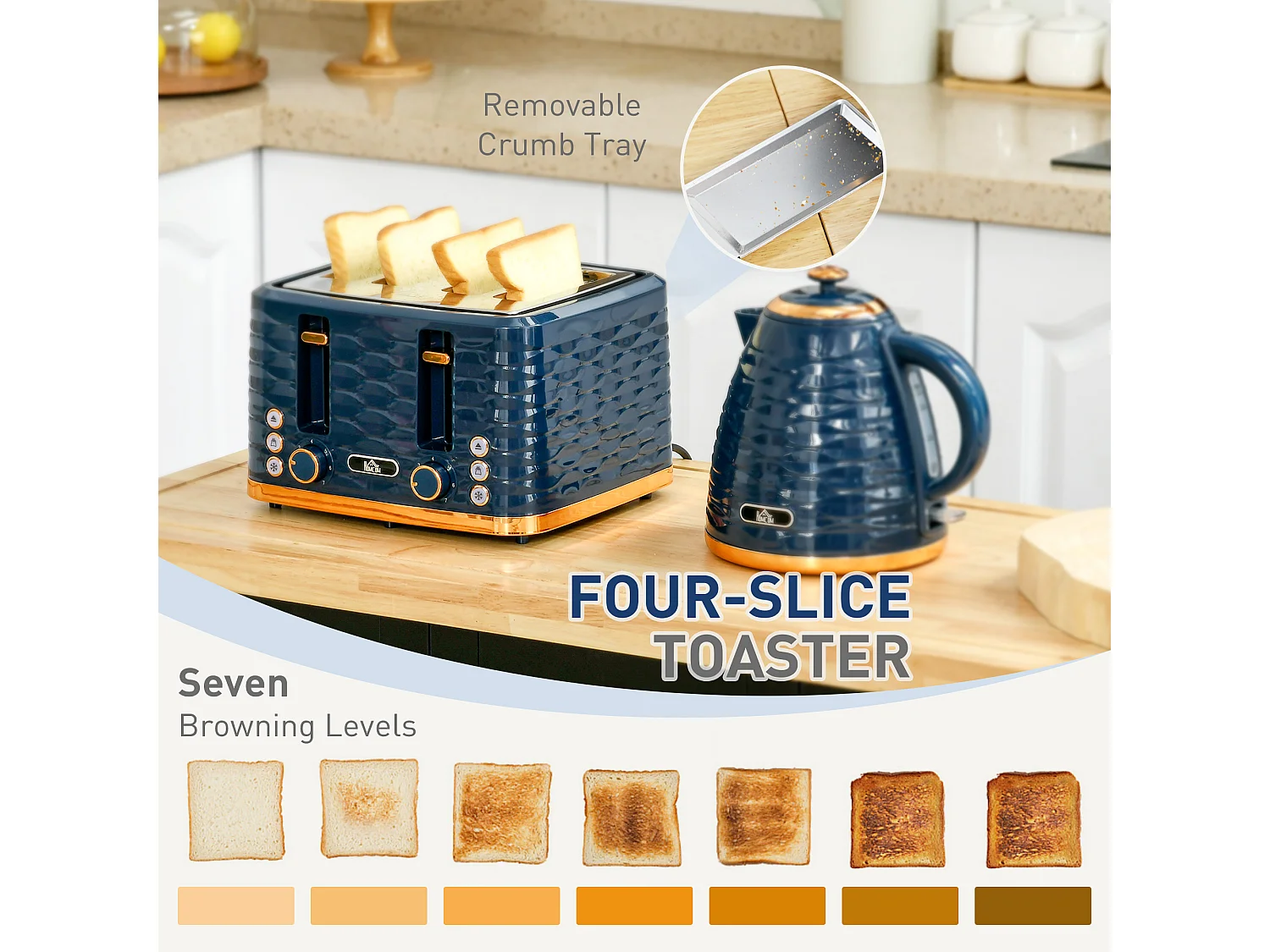 HOMCOM Kettle and Toaster Set 1.7L Rapid Boil Kettle & 4 Slice Toaster Blue