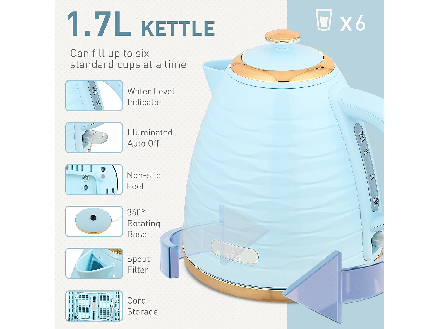 HOMCOM Kettle and Toaster Set 1.7L Kettle & 4 Slice Toaster Light, Blue