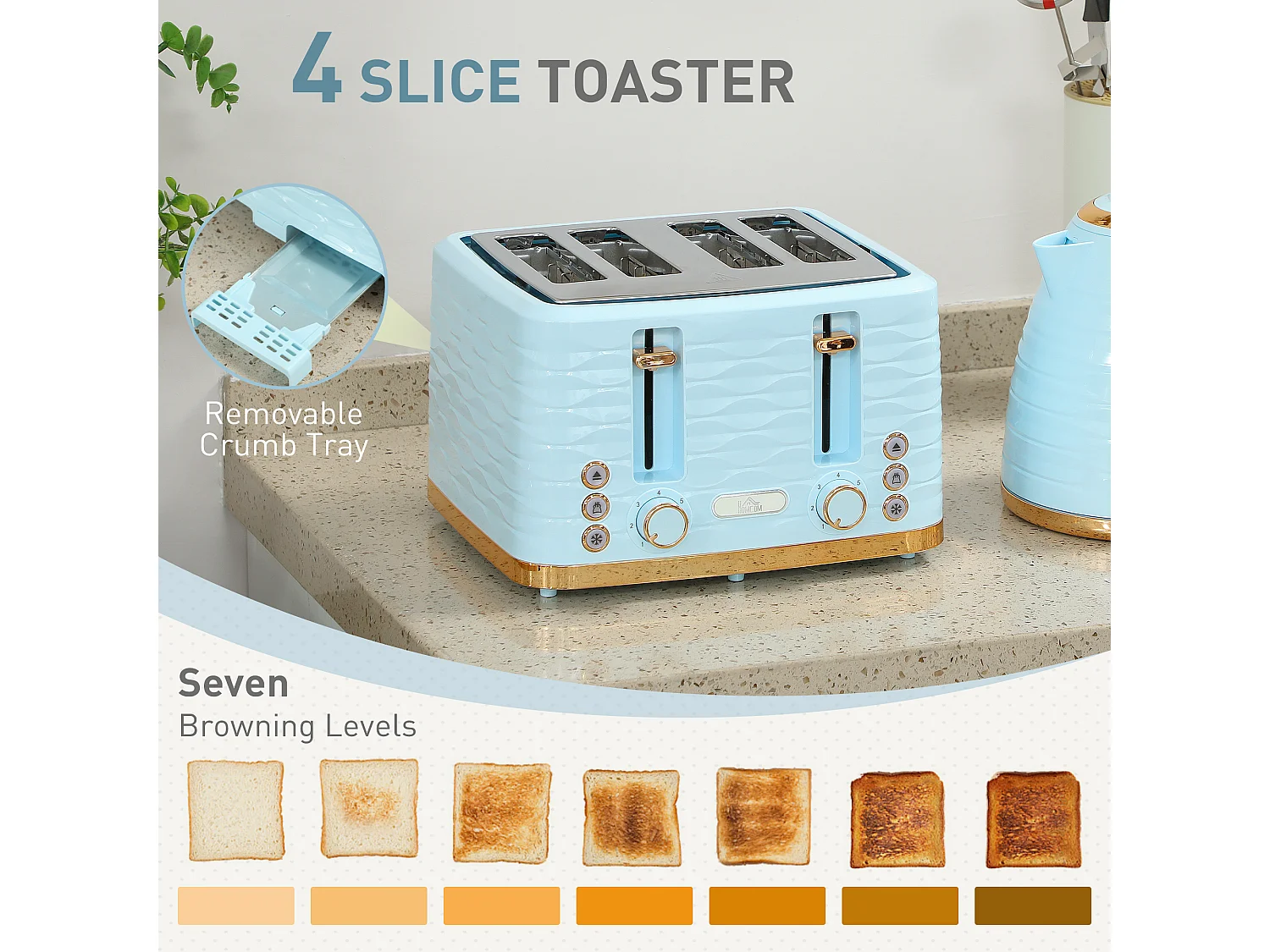 HOMCOM Kettle and Toaster Set 1.7L Kettle & 4 Slice Toaster Light, Blue