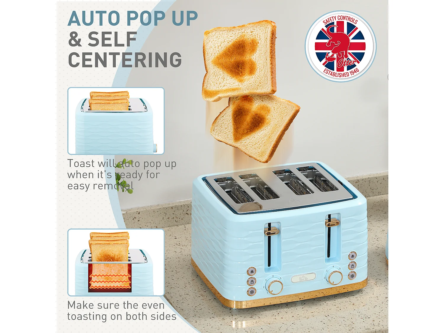 HOMCOM Kettle and Toaster Set 1.7L Kettle & 4 Slice Toaster Light, Blue