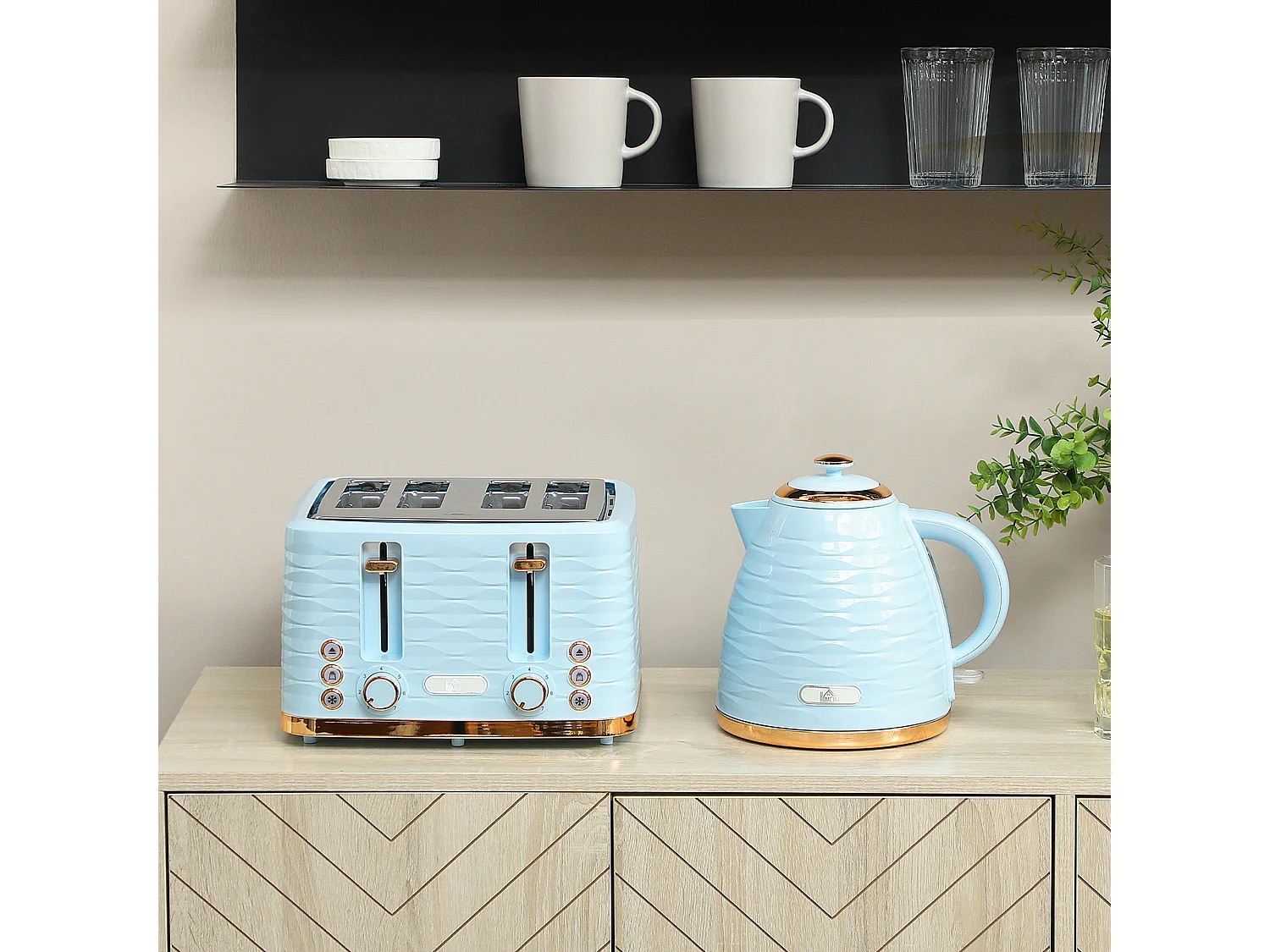 HOMCOM Kettle and Toaster Set 1.7L Kettle & 4 Slice Toaster Light, Blue