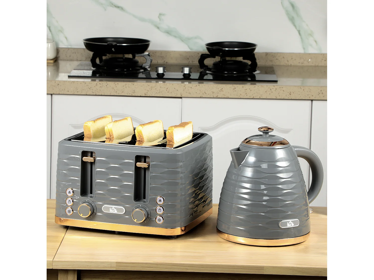 HOMCOM Kettle and Toaster Set 1.7L Rapid Boil Kettle & 4 Slice Toaster Grey