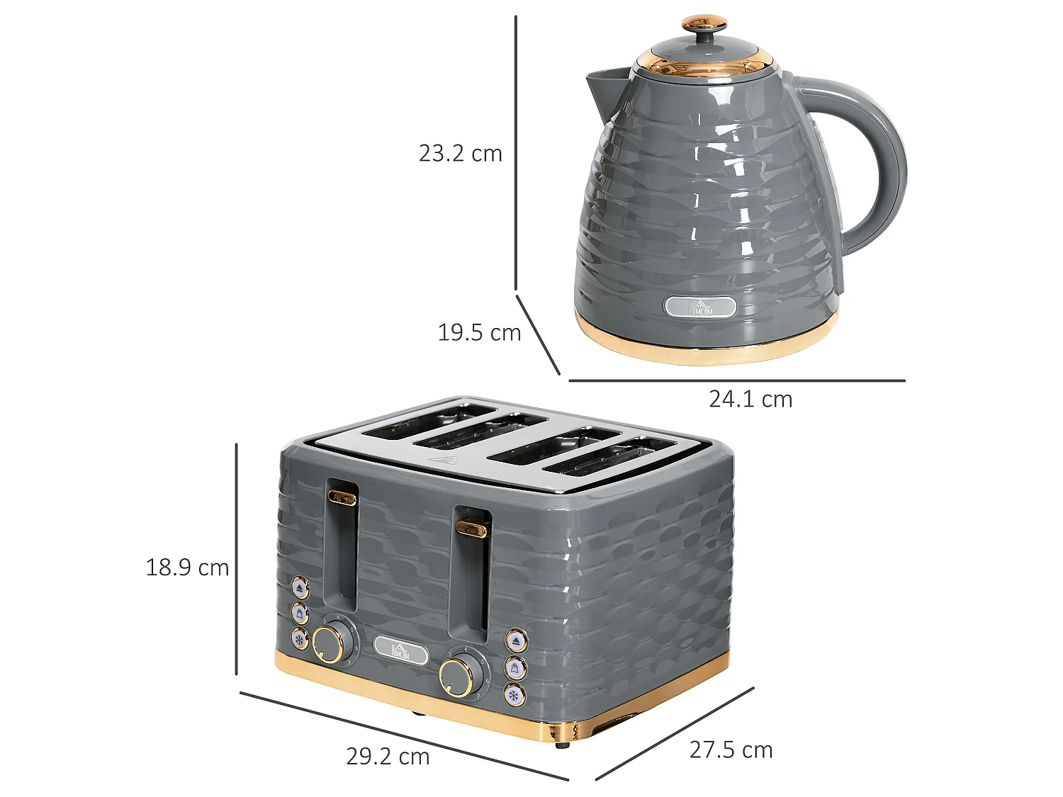 HOMCOM Kettle and Toaster Set 1.7L Rapid Boil Kettle & 4 Slice Toaster Grey