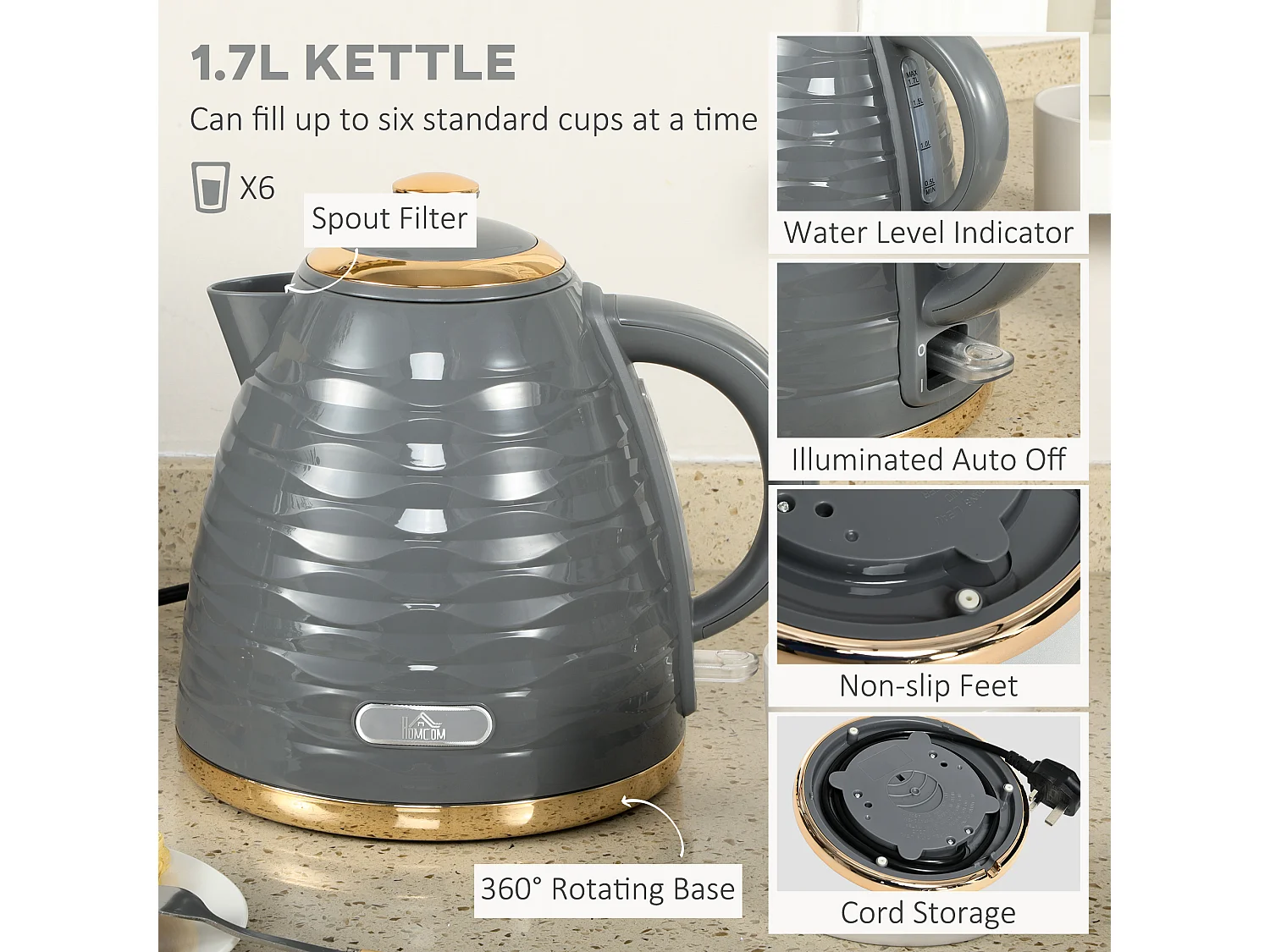 HOMCOM Kettle and Toaster Set 1.7L Rapid Boil Kettle & 4 Slice Toaster Grey