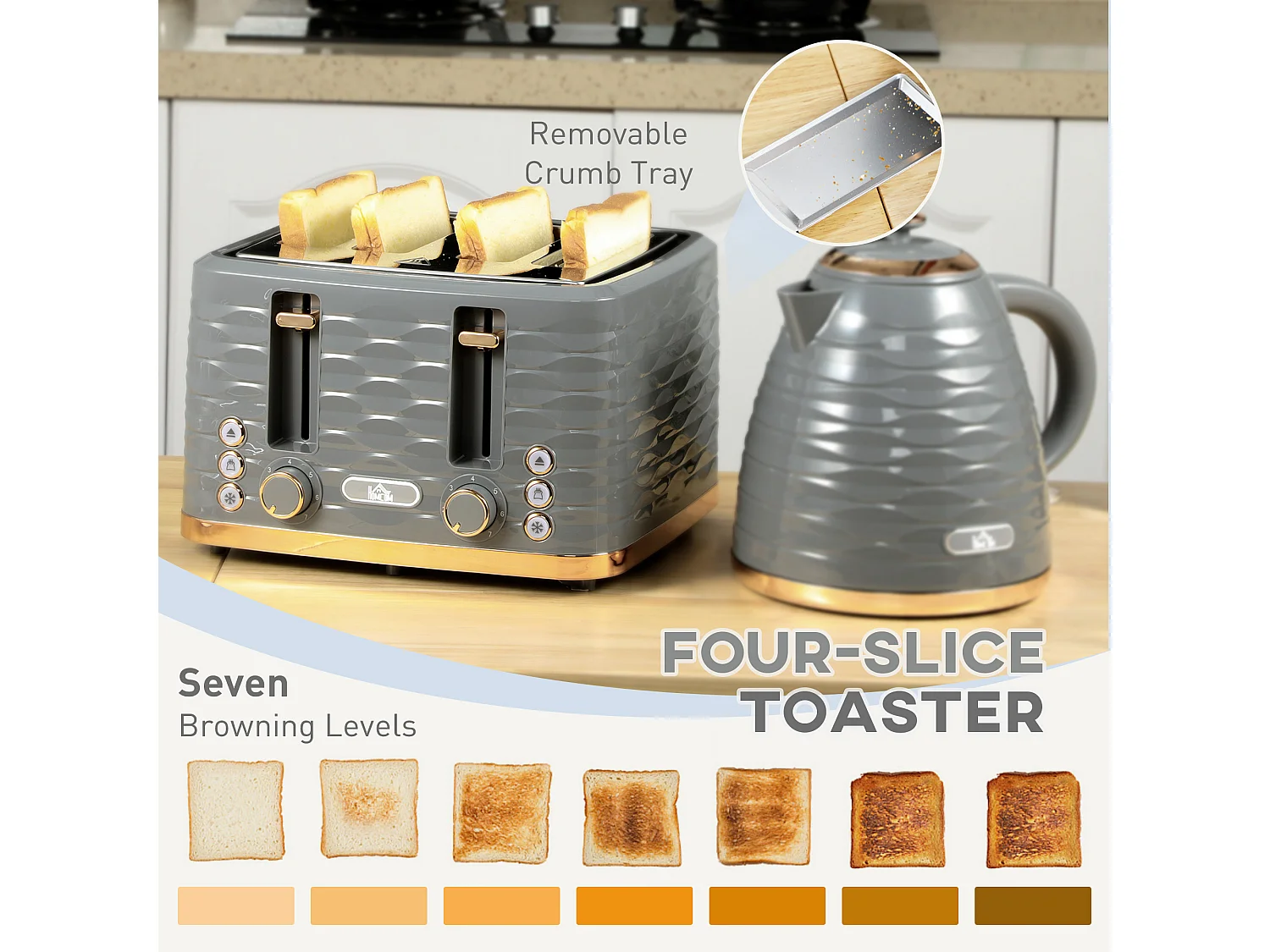HOMCOM Kettle and Toaster Set 1.7L Rapid Boil Kettle & 4 Slice Toaster Grey