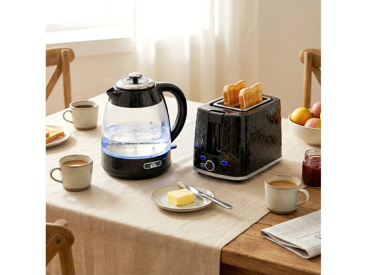 HOMCOM Kettle and Toaster Set with Limescale Filter, Crumb Tray, Black