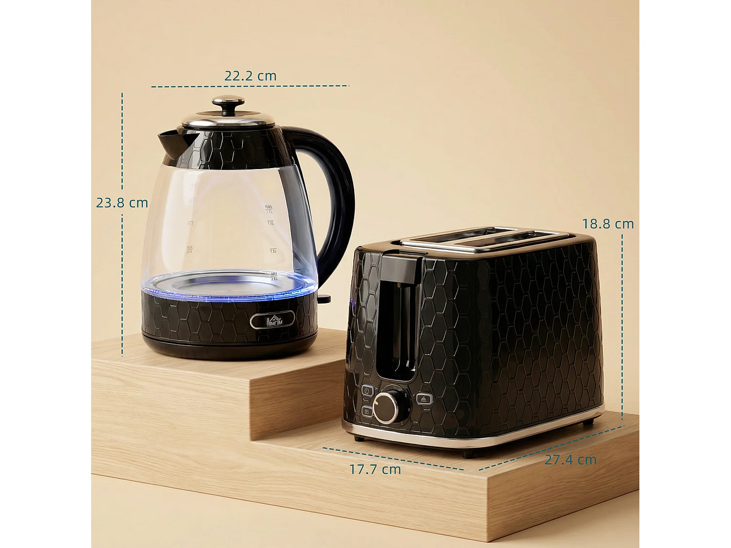 HOMCOM Kettle and Toaster Set with Limescale Filter, Crumb Tray, Black
