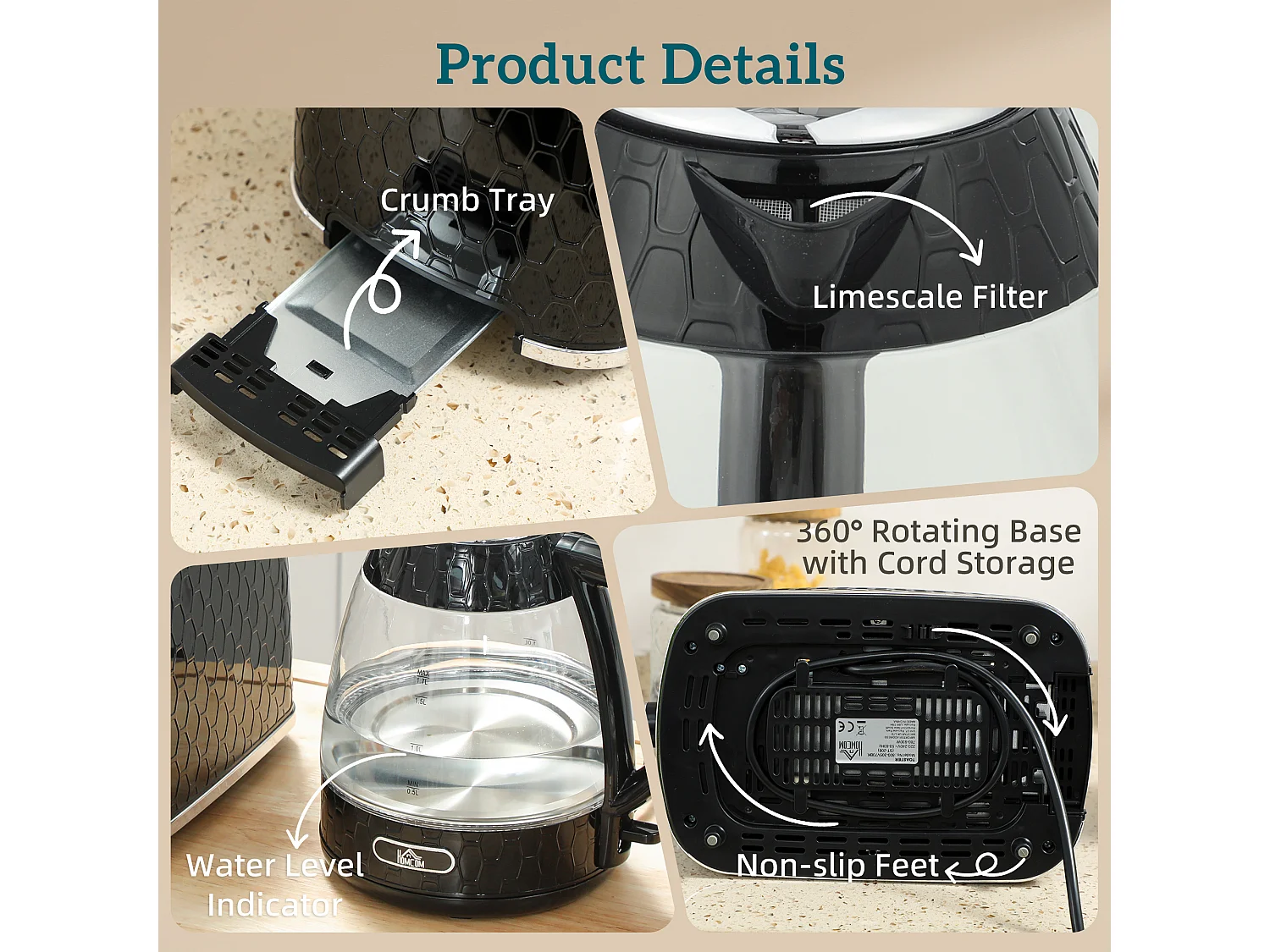 HOMCOM Kettle and Toaster Set with Limescale Filter, Crumb Tray, Black