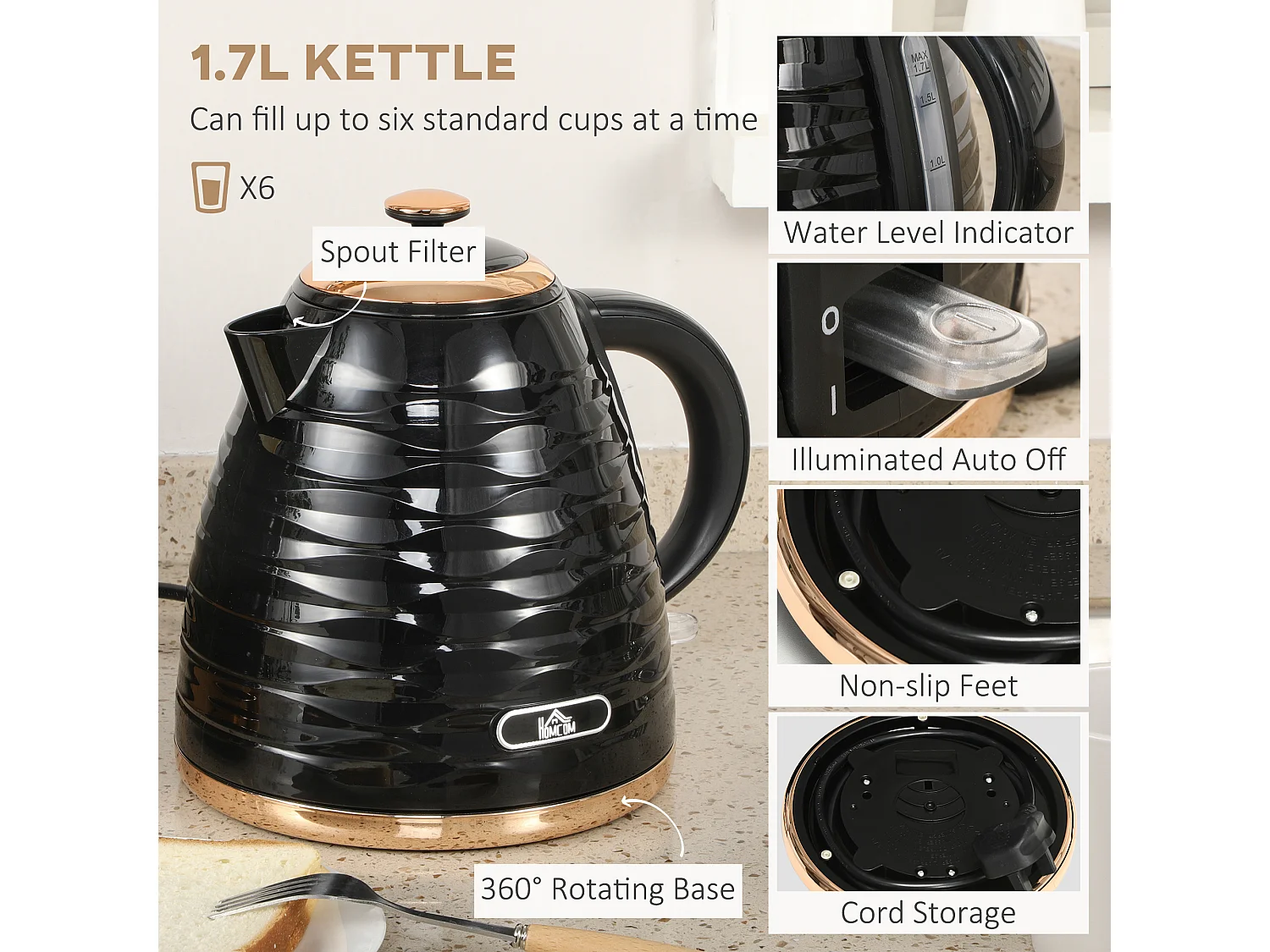 HOMCOM Kettle and Toaster Set 1.7L Rapid Boil Kettle & 4 Slice Toaster Black