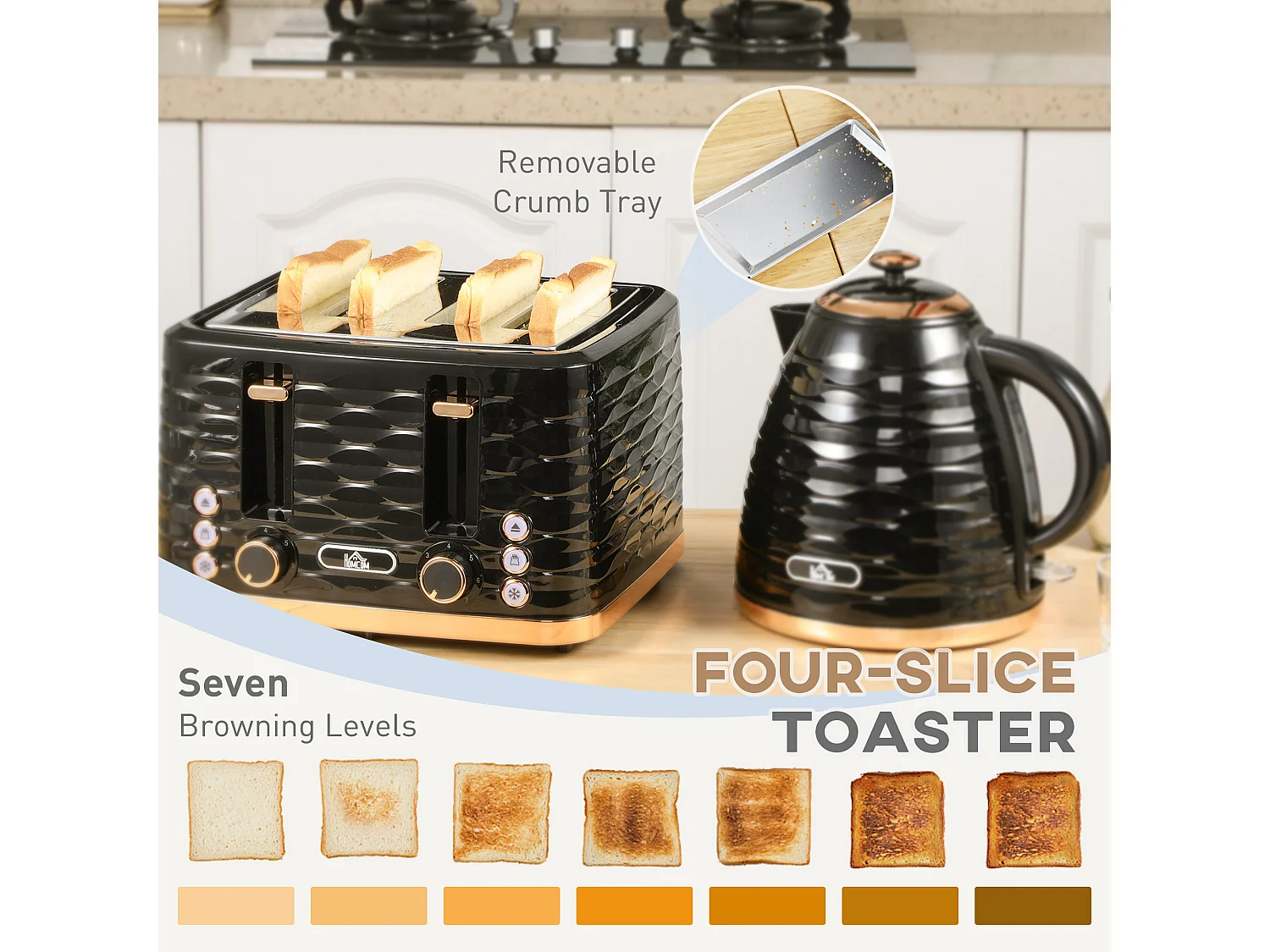 HOMCOM Kettle and Toaster Set 1.7L Rapid Boil Kettle & 4 Slice Toaster Black