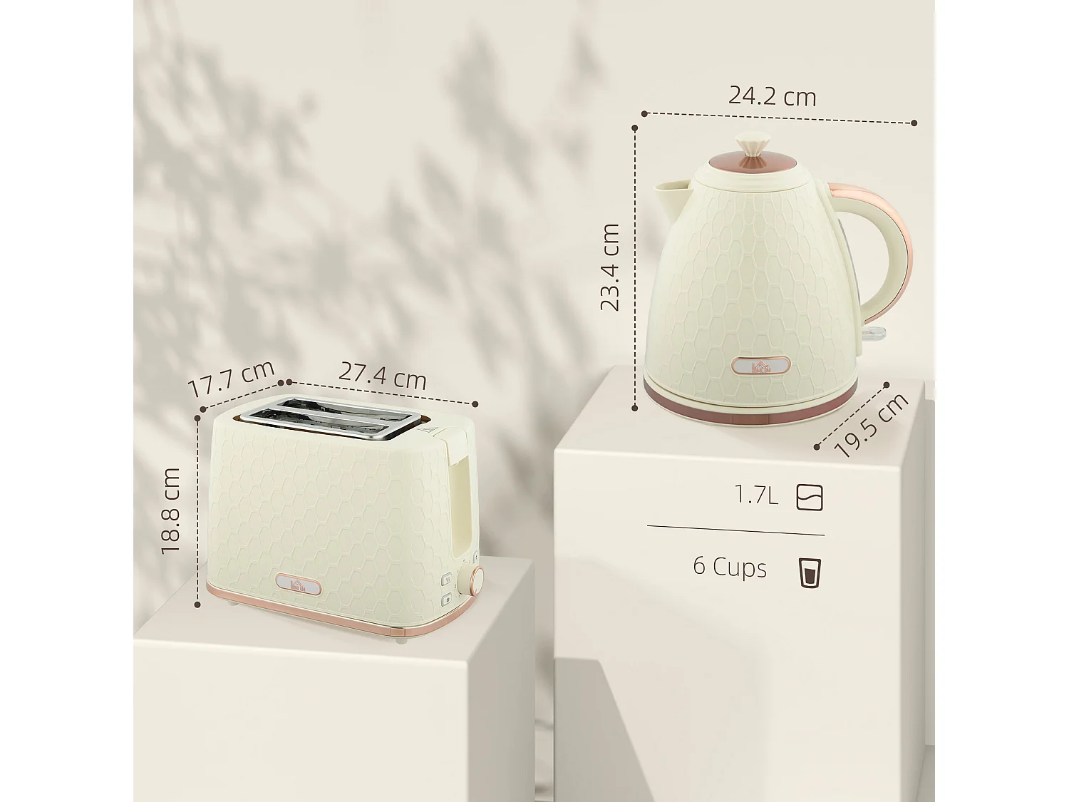 HOMCOM Kettle and Toaster Set 1.7L Kettle & 2 Slice Toaster Set Beige