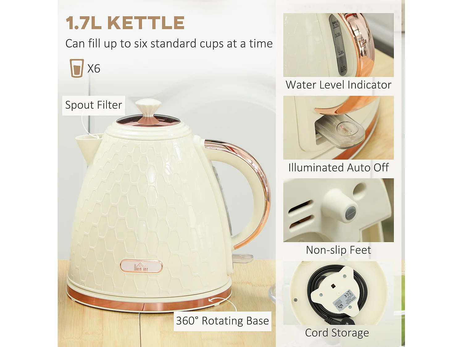 HOMCOM Kettle and Toaster Set 1.7L Kettle & 2 Slice Toaster Set Beige