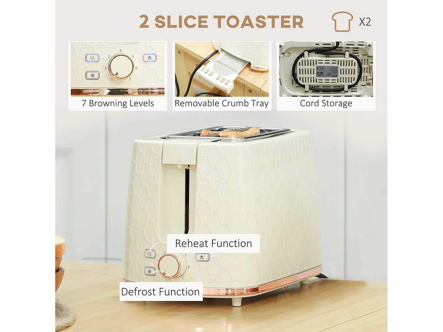 HOMCOM Kettle and Toaster Set 1.7L Kettle & 2 Slice Toaster Set Beige
