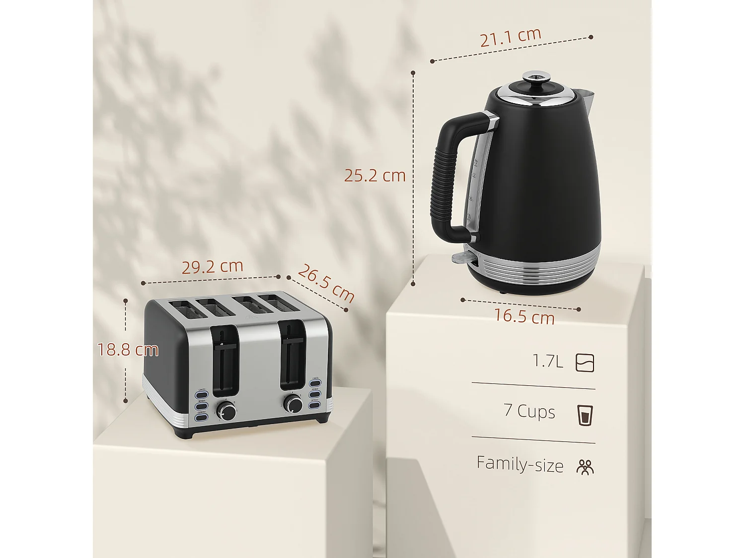 HOMCOM 1.7L 3000W Quick Boil Kettle and 4 Slice Toaster Set Crumb Tray Black