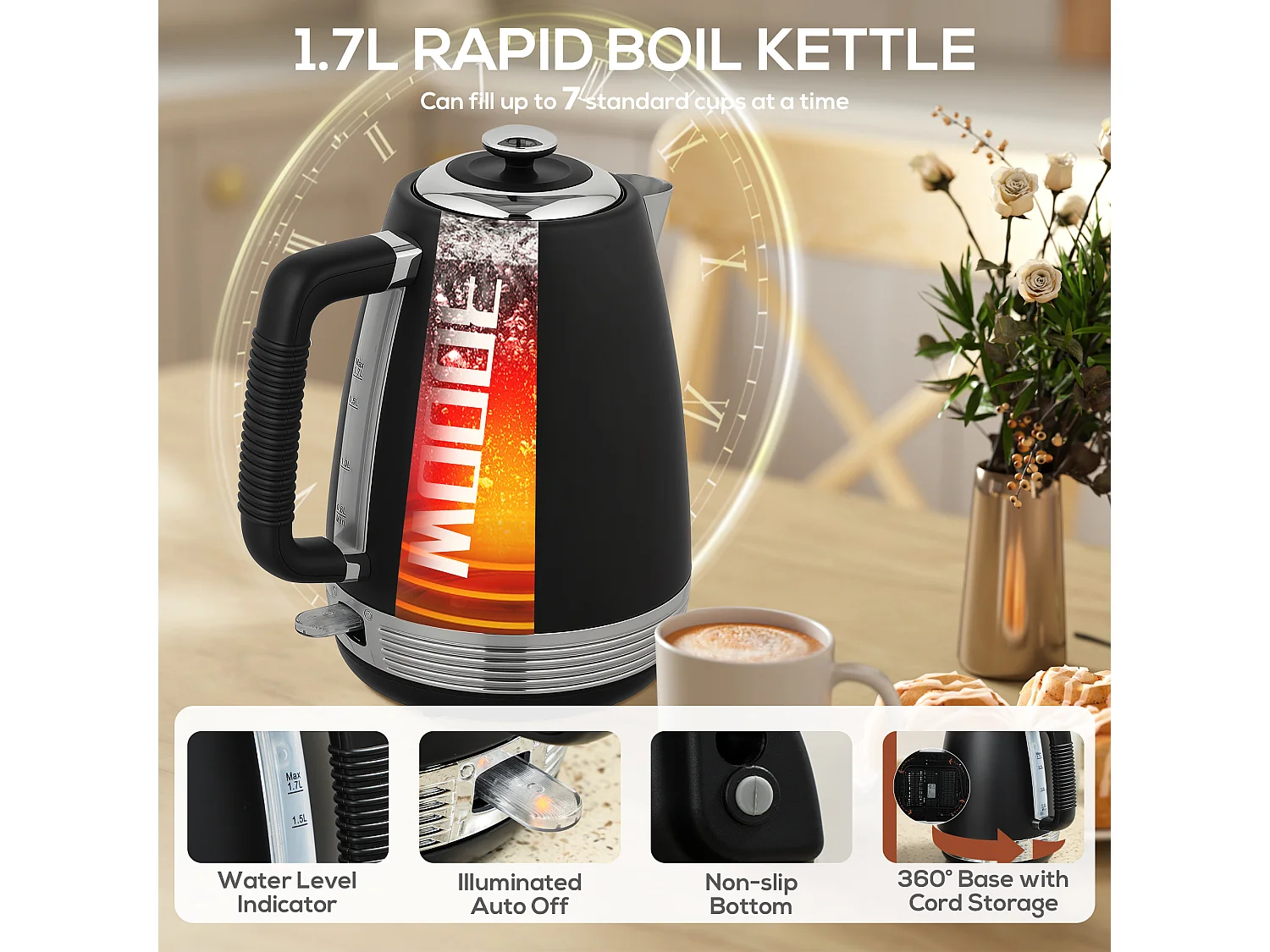 HOMCOM 1.7L 3000W Quick Boil Kettle and 4 Slice Toaster Set Crumb Tray Black