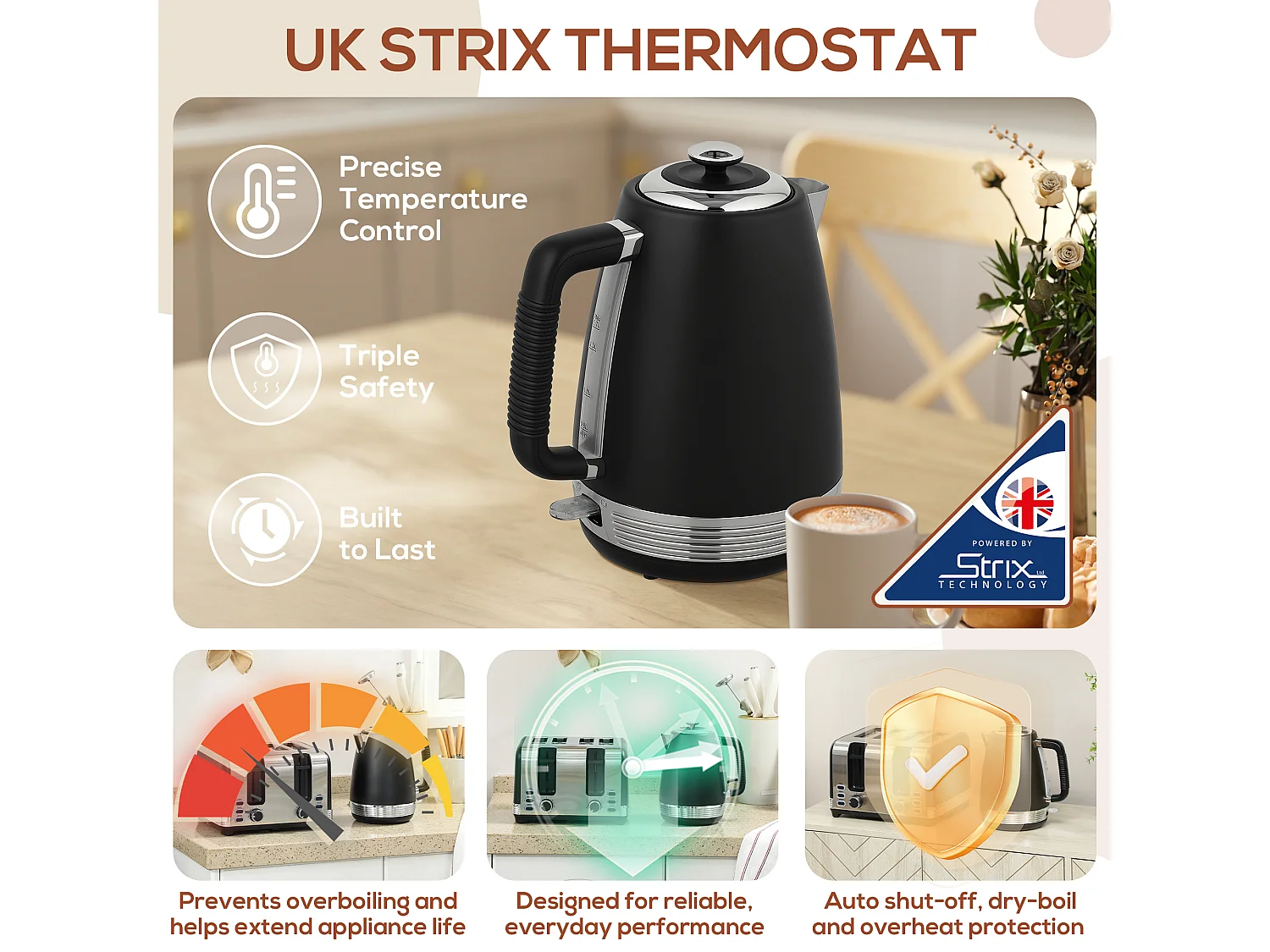 HOMCOM 1.7L 3000W Quick Boil Kettle and 4 Slice Toaster Set Crumb Tray Black