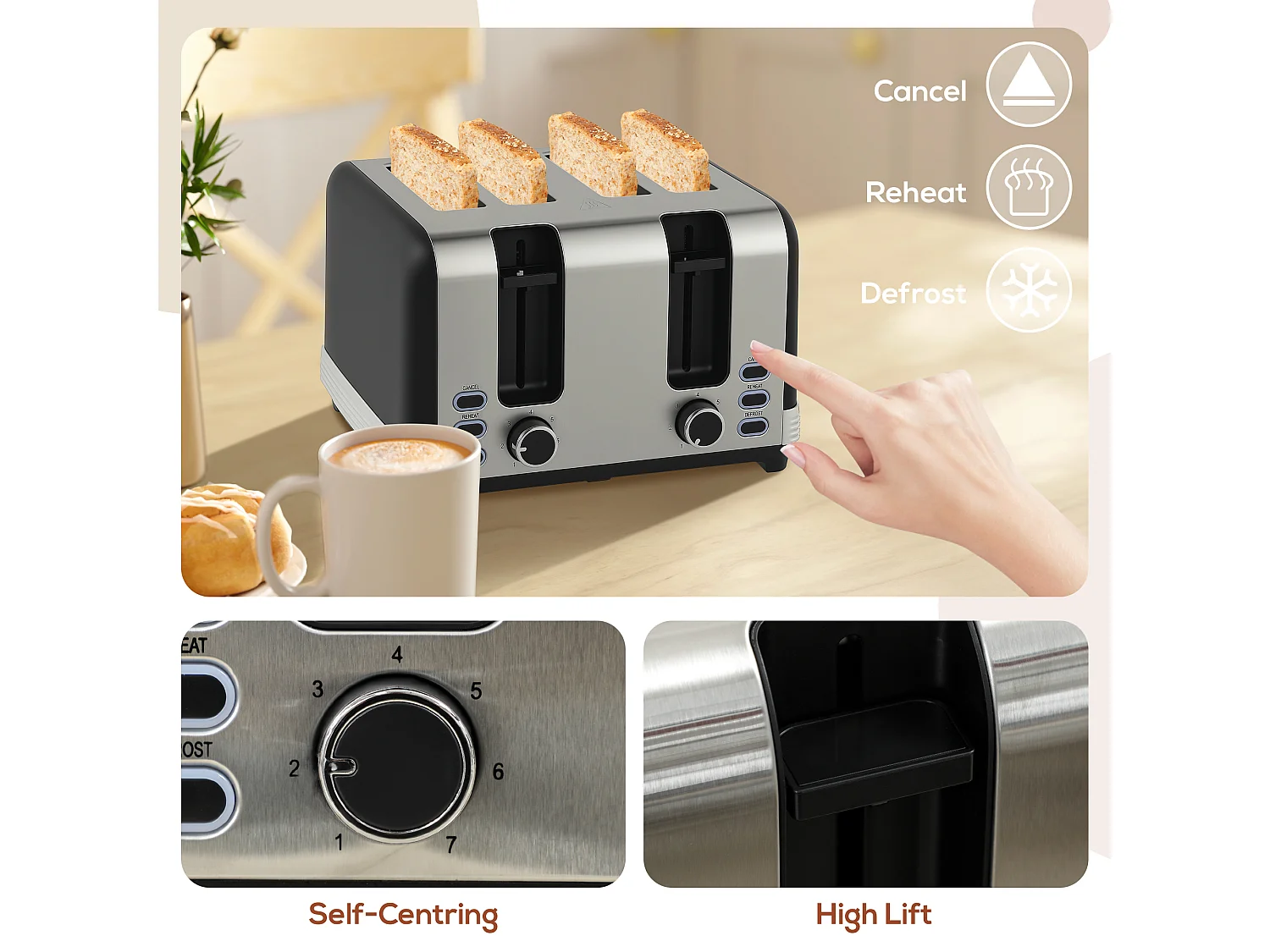 HOMCOM 1.7L 3000W Quick Boil Kettle and 4 Slice Toaster Set Crumb Tray Black