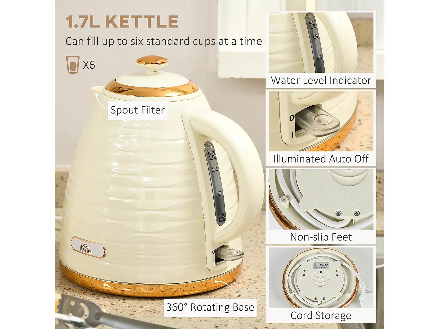 HOMCOM Kettle and Toaster Set 1.7L Rapid Boil Kettle & 4 Slice Toaster Beige