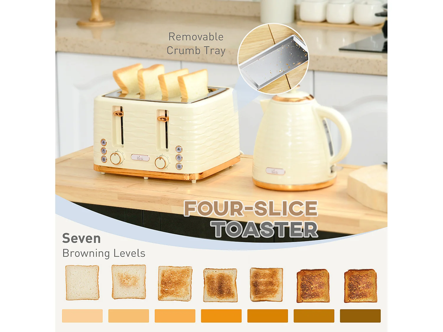 HOMCOM Kettle and Toaster Set 1.7L Rapid Boil Kettle & 4 Slice Toaster Beige