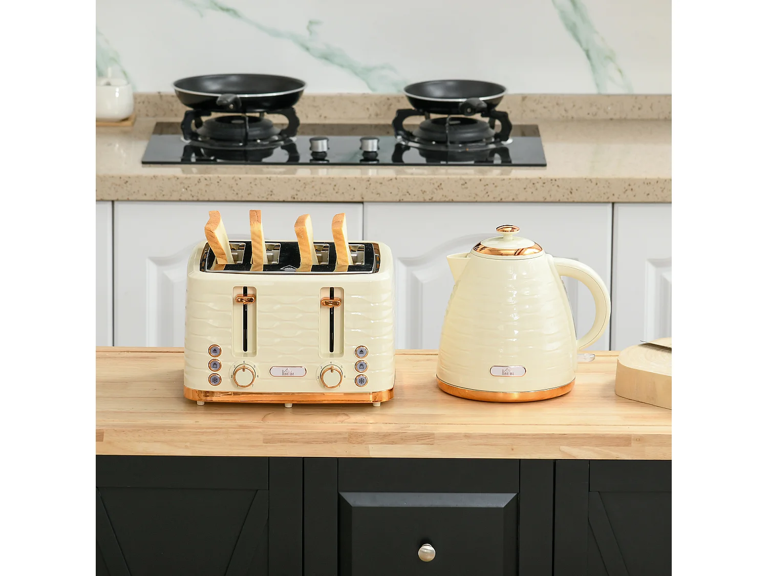 HOMCOM Kettle and Toaster Set 1.7L Rapid Boil Kettle & 4 Slice Toaster Beige