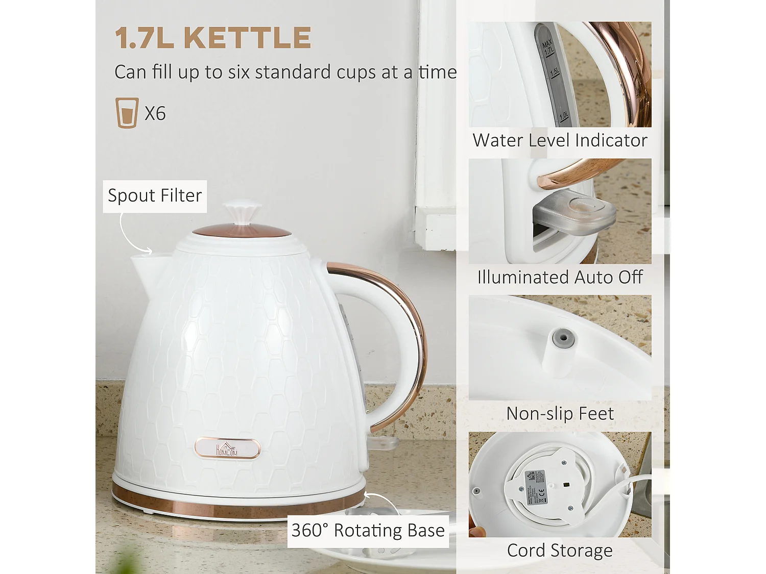 HOMCOM Kettle and Toaster Set 1.7L Kettle & 2 Slice Toaster Set White