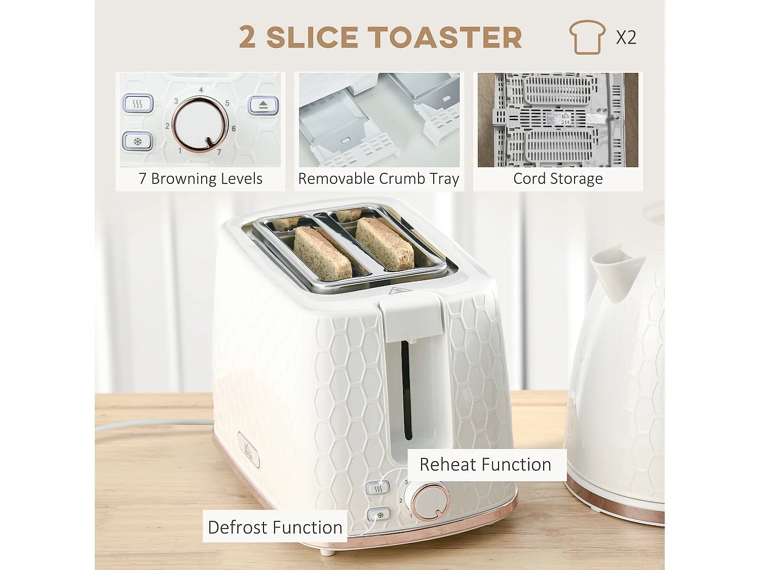 HOMCOM Kettle and Toaster Set 1.7L Kettle & 2 Slice Toaster Set White