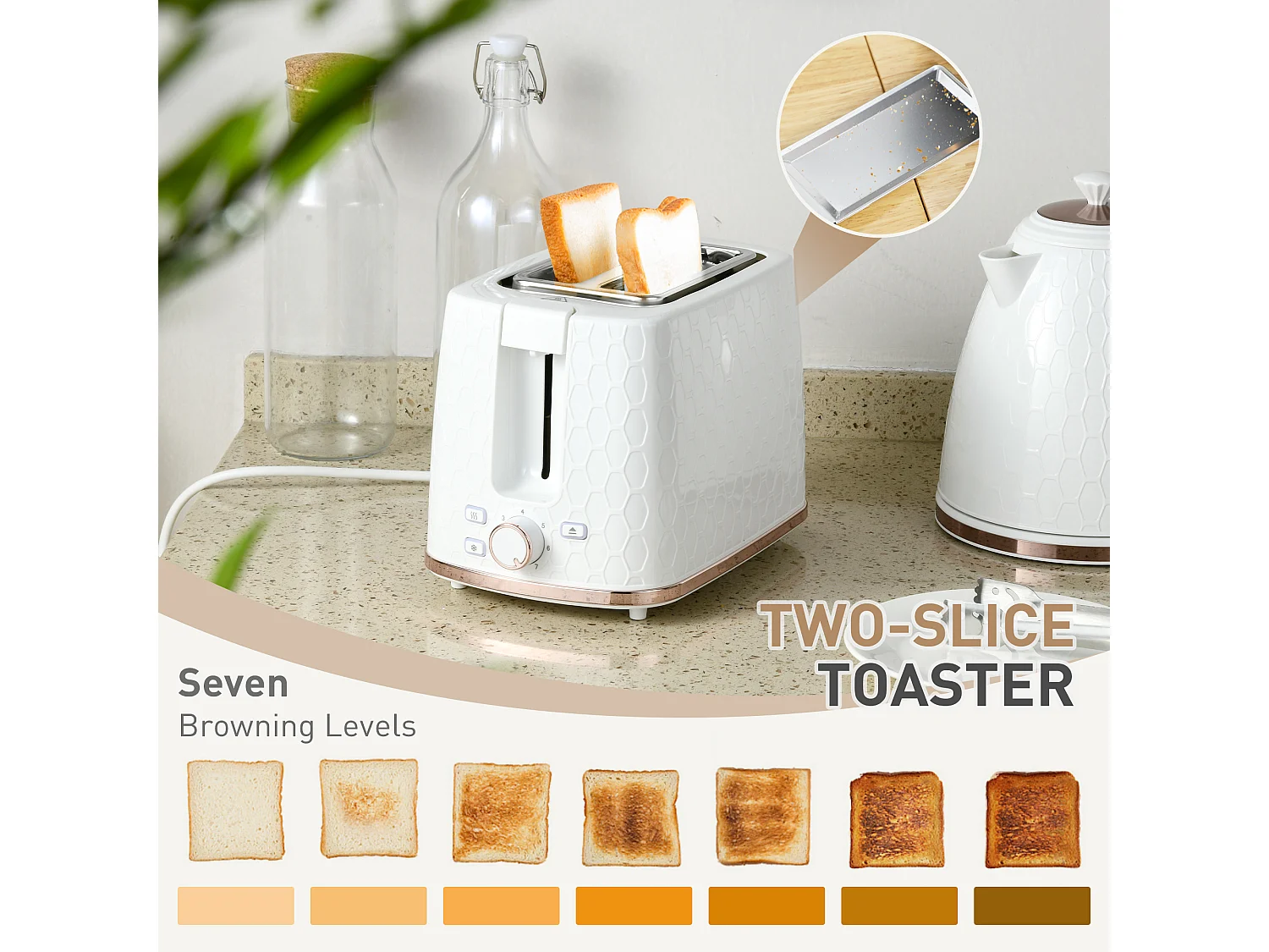 HOMCOM Kettle and Toaster Set 1.7L Kettle & 2 Slice Toaster Set White