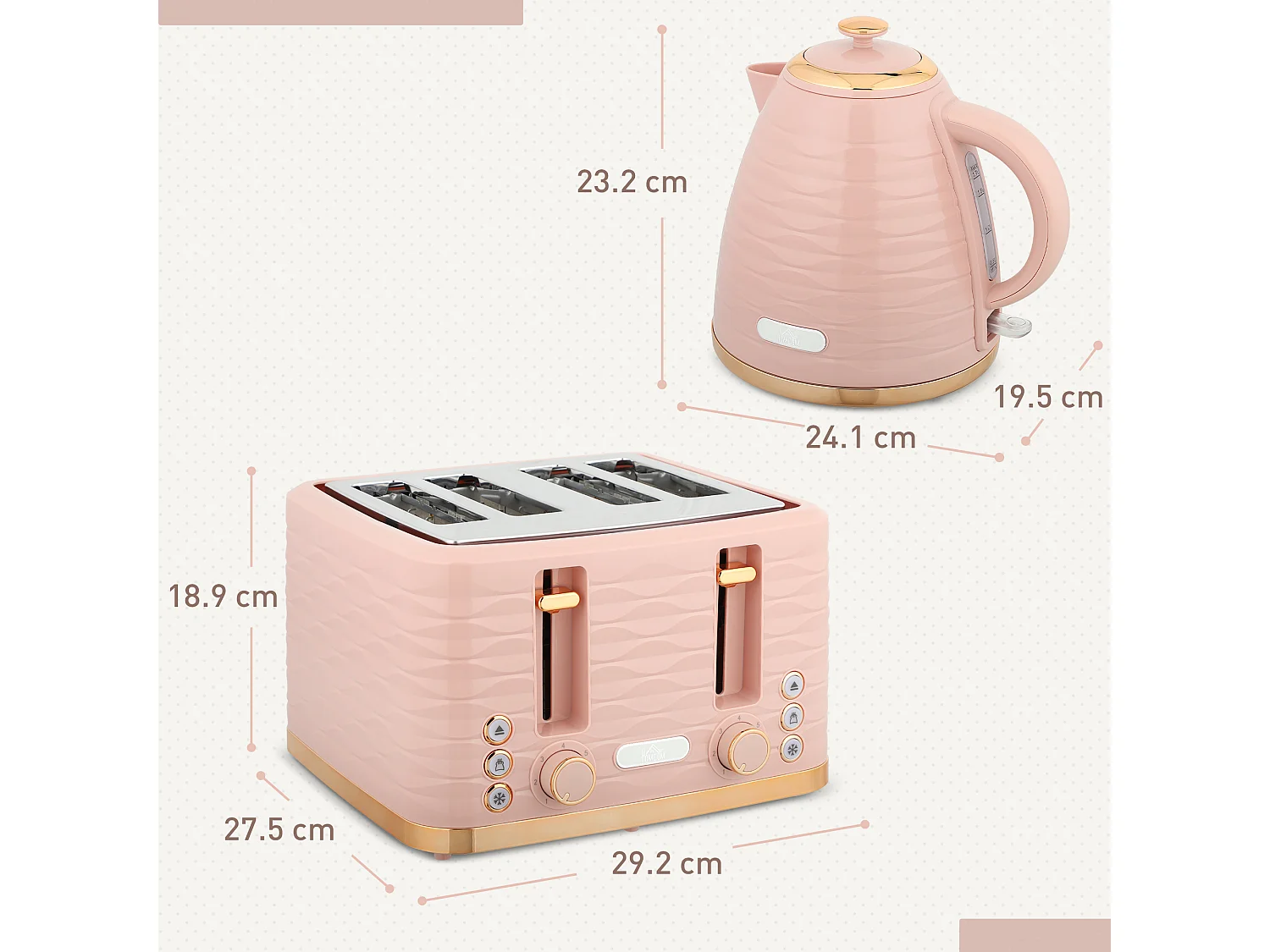 HOMCOM Kettle and Toaster Set 1.7L Kettle & 4 Slice Toaster, Light Pink