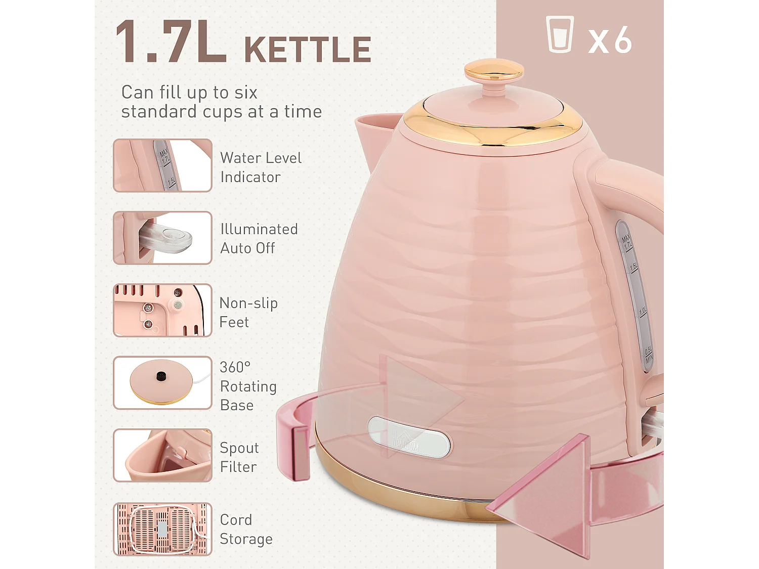 HOMCOM Kettle and Toaster Set 1.7L Kettle & 4 Slice Toaster, Light Pink