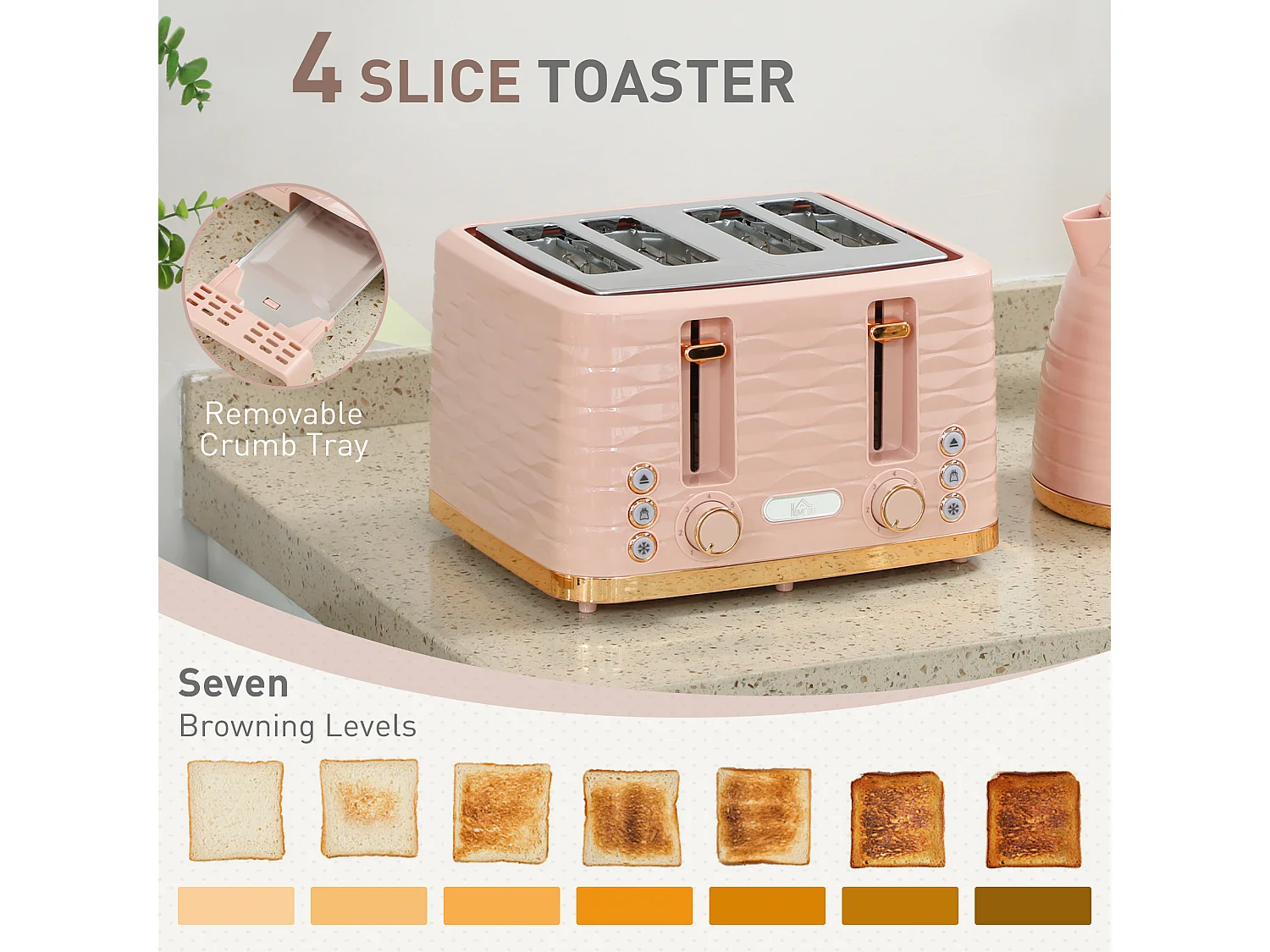 HOMCOM Kettle and Toaster Set 1.7L Kettle & 4 Slice Toaster, Light Pink