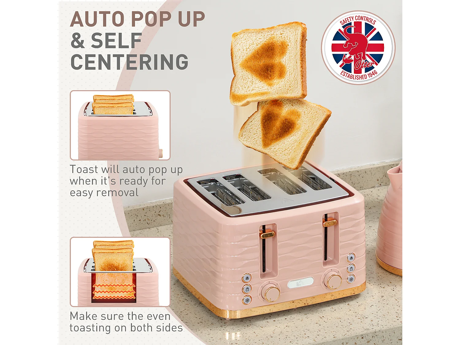HOMCOM Kettle and Toaster Set 1.7L Kettle & 4 Slice Toaster, Light Pink