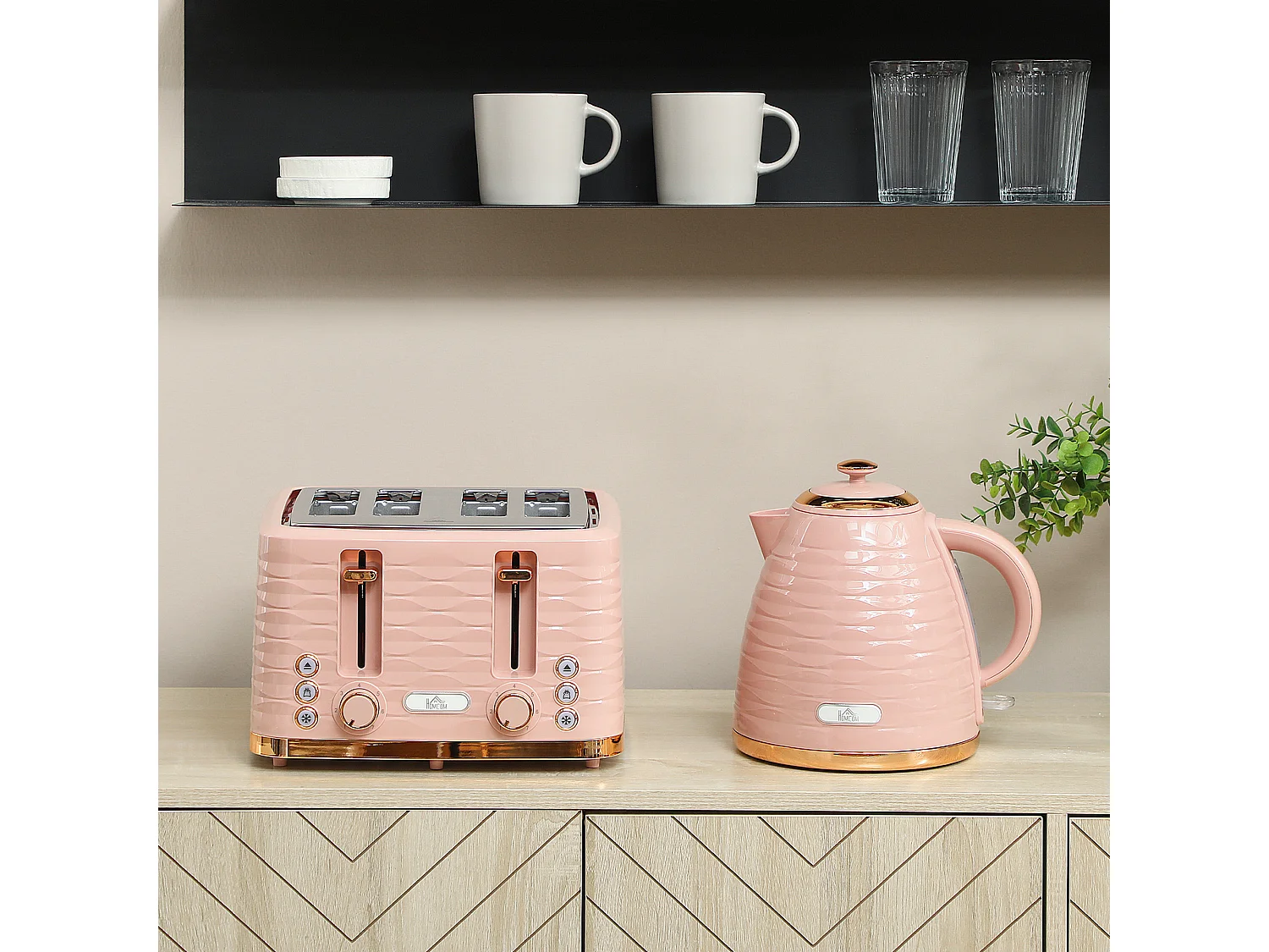 HOMCOM Kettle and Toaster Set 1.7L Kettle & 4 Slice Toaster, Light Pink