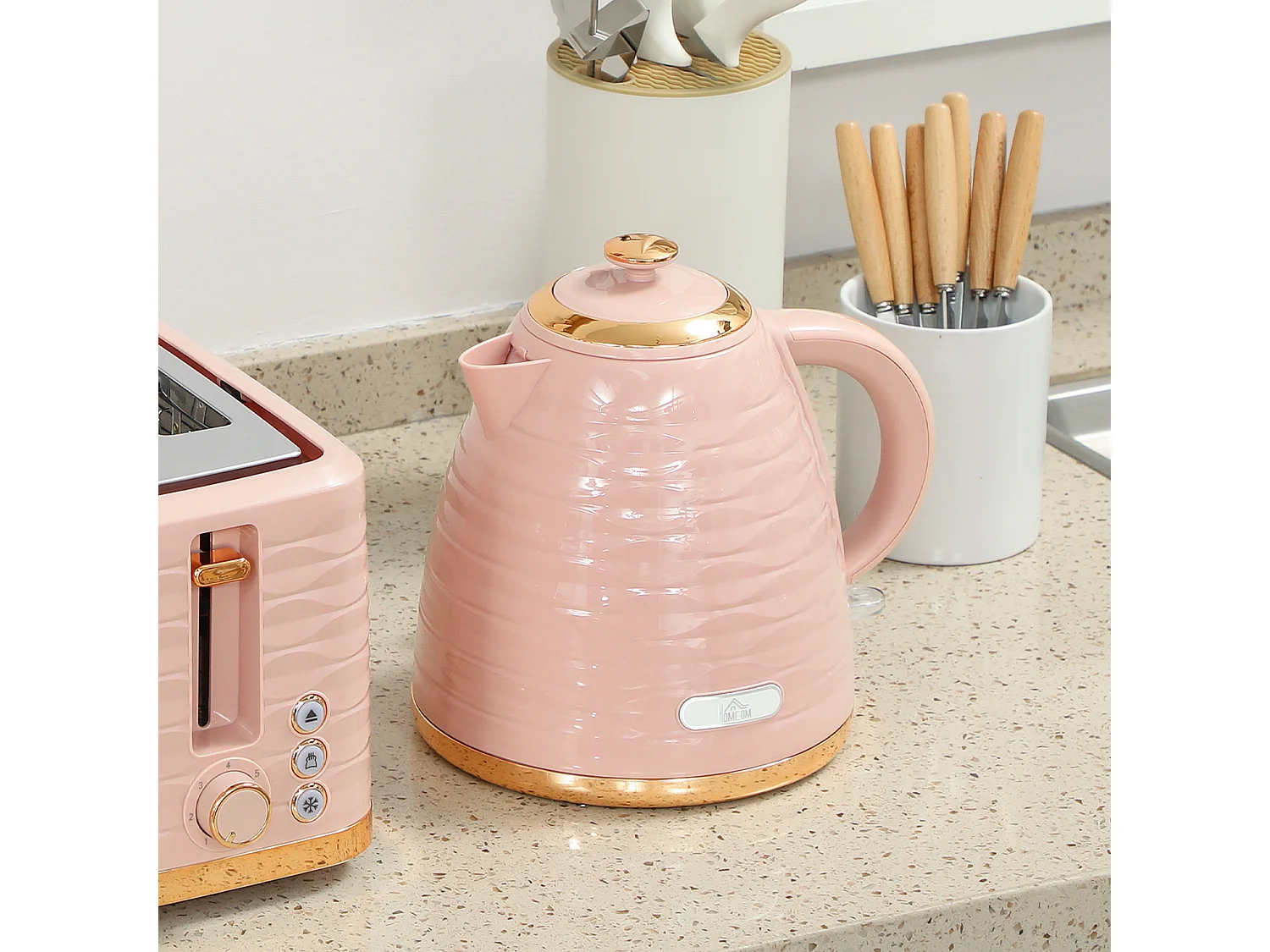 HOMCOM Kettle and Toaster Set 1.7L Kettle & 4 Slice Toaster, Light Pink