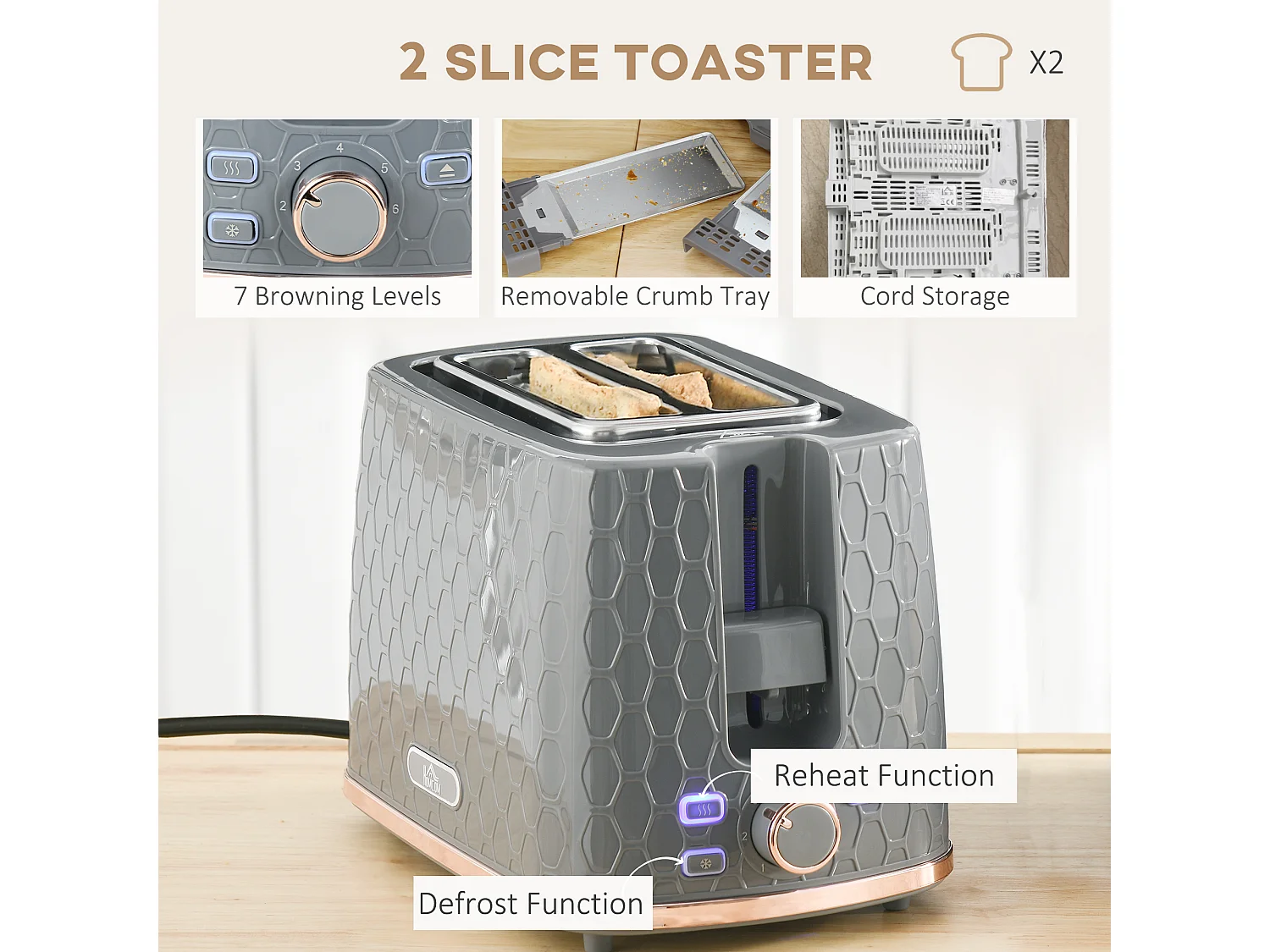 HOMCOM Kettle and Toaster Set 1.7L Kettle & 2 Slice Toaster Set Grey