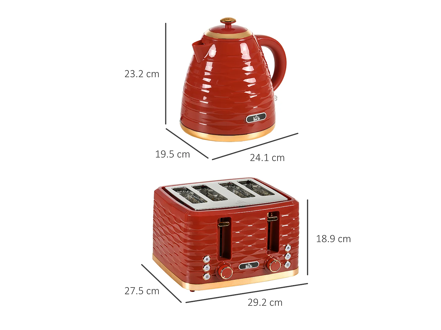 HOMCOM Kettle and Toaster Set 1.7L Rapid Boil Kettle & 4 Slice Toaster Red
