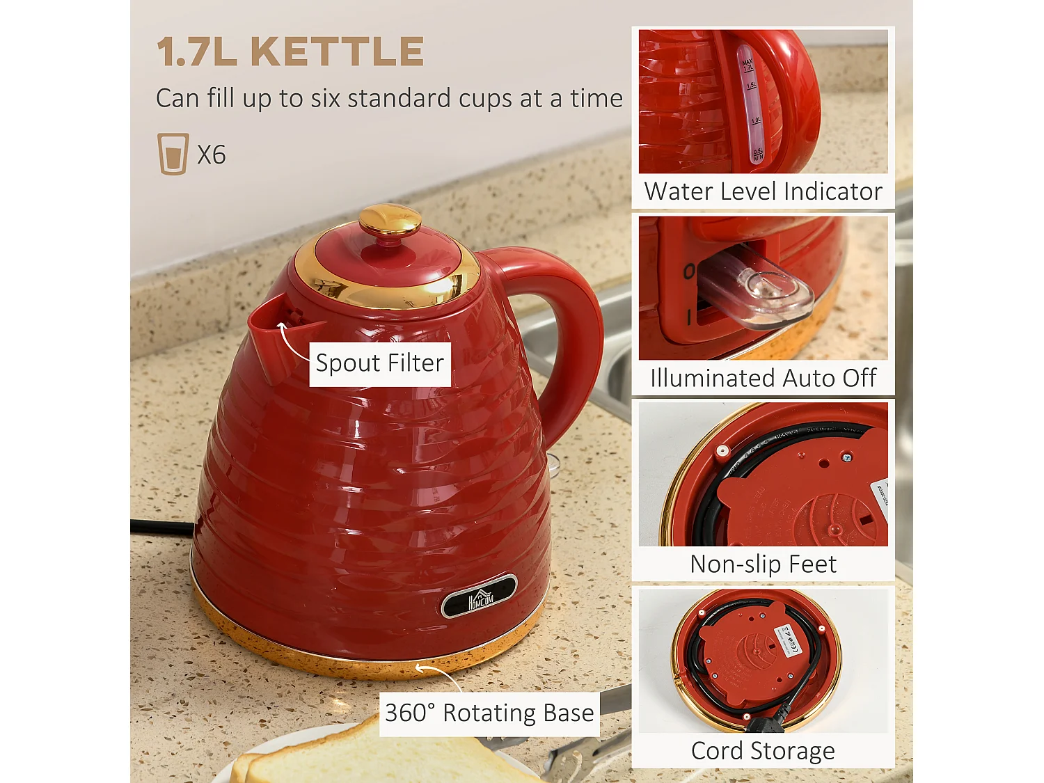HOMCOM Kettle and Toaster Set 1.7L Rapid Boil Kettle & 4 Slice Toaster Red