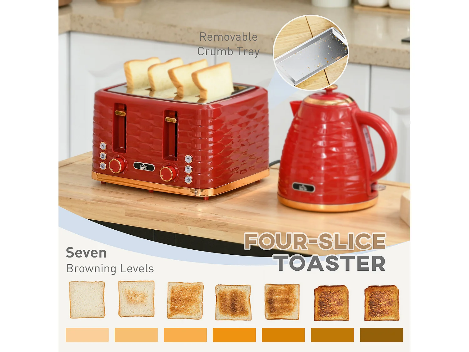 HOMCOM Kettle and Toaster Set 1.7L Rapid Boil Kettle & 4 Slice Toaster Red