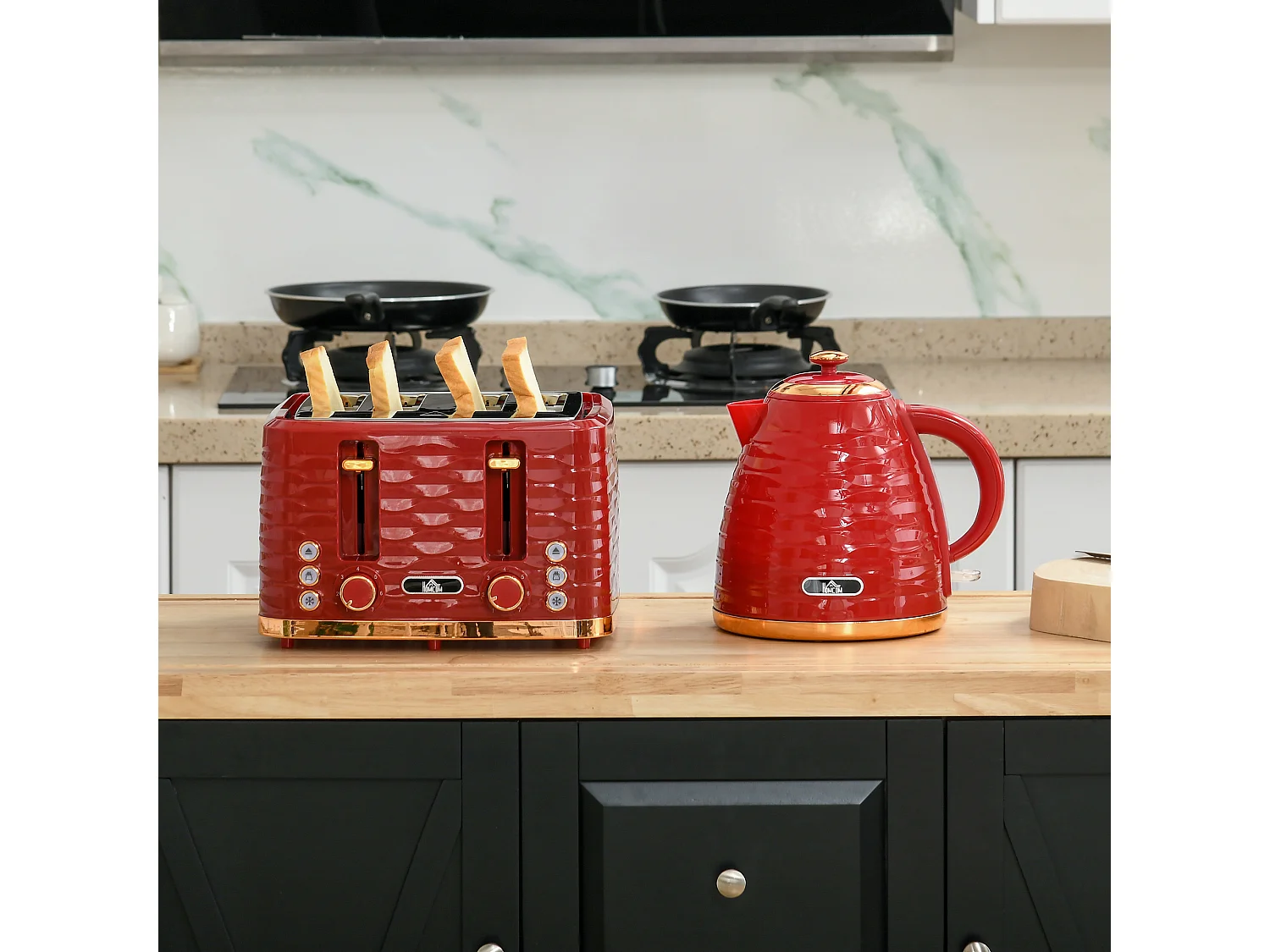 HOMCOM Kettle and Toaster Set 1.7L Rapid Boil Kettle & 4 Slice Toaster Red