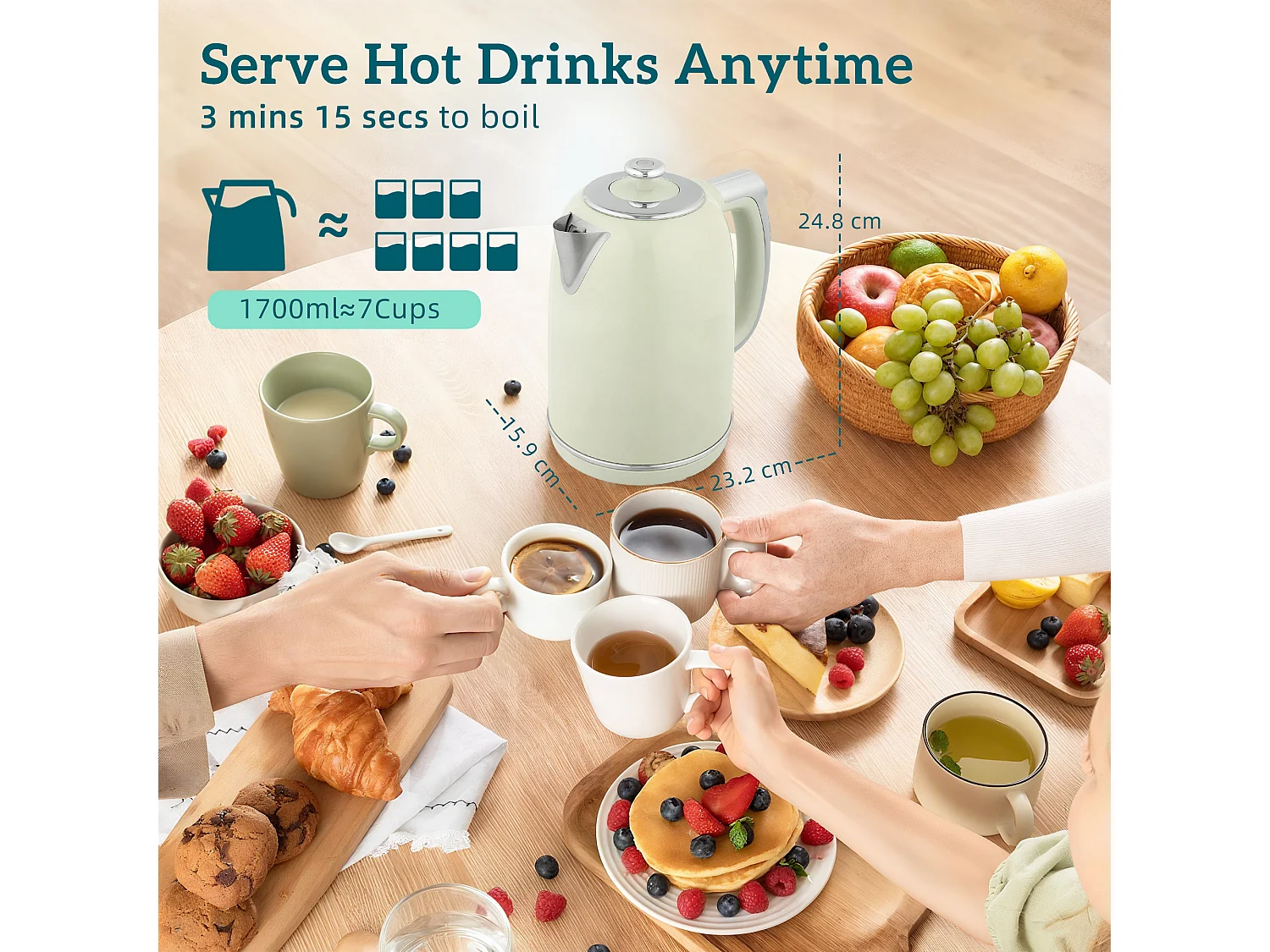 HOMCOM 3000W 1.7L 2 Slice Toaster and Kettle with Keep Warm Memory Function